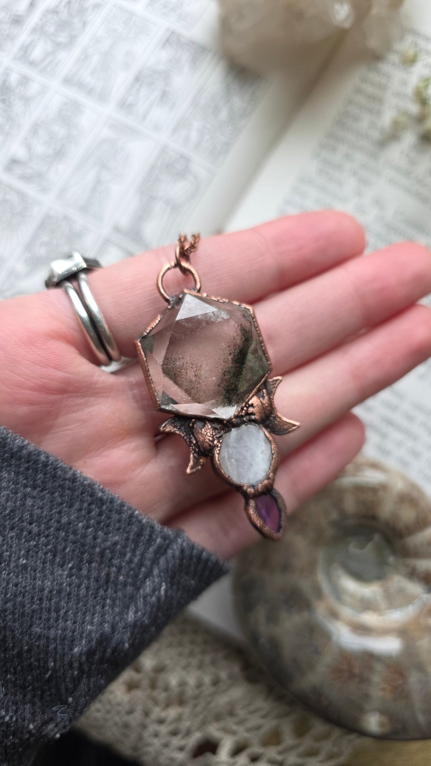 Garden quartz hexagon copper pendant with moonstone and amethyst