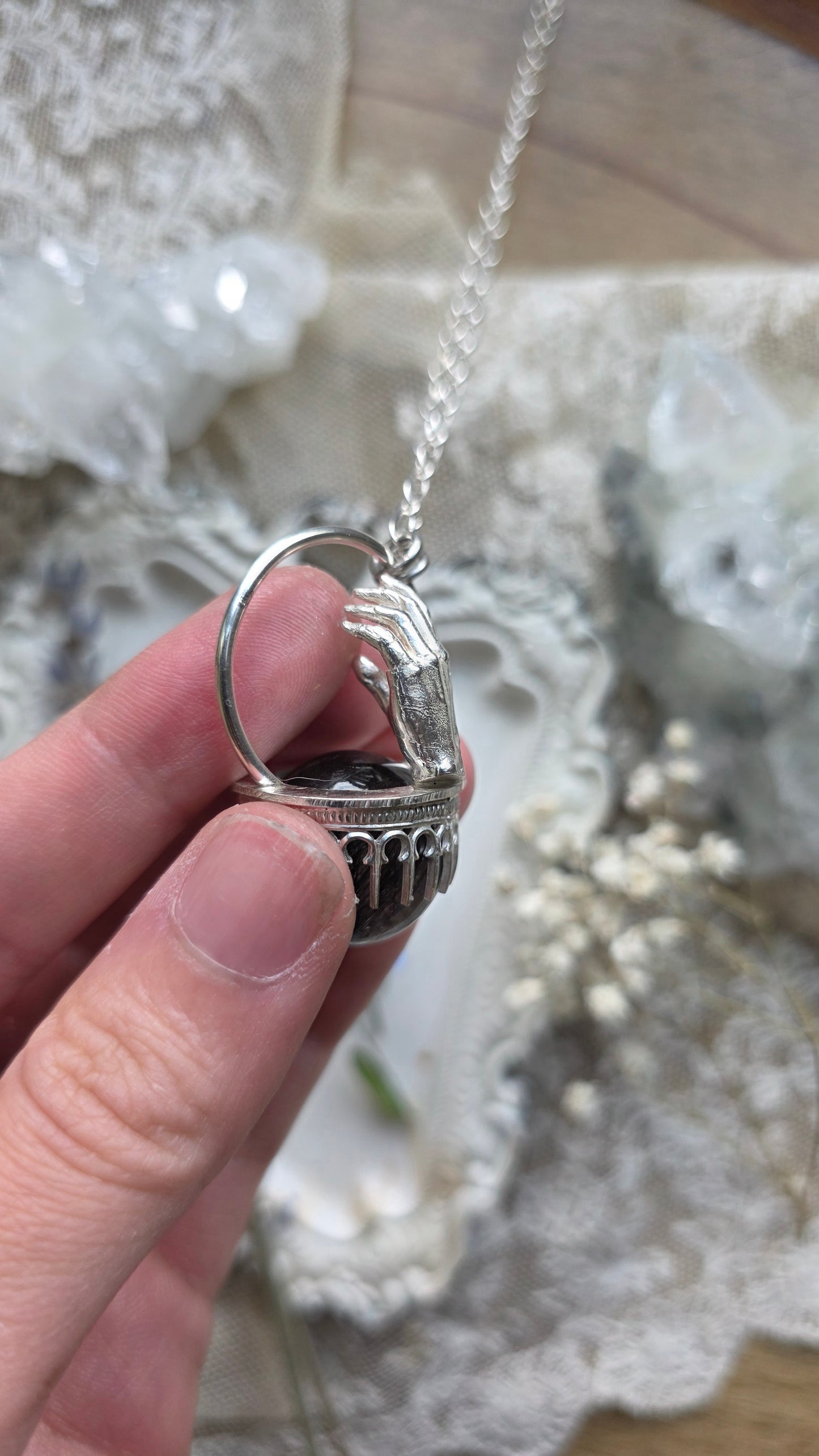 The High Priestess: Tourmalinated Quartz Sphere Sterling Silver Hand Pendant