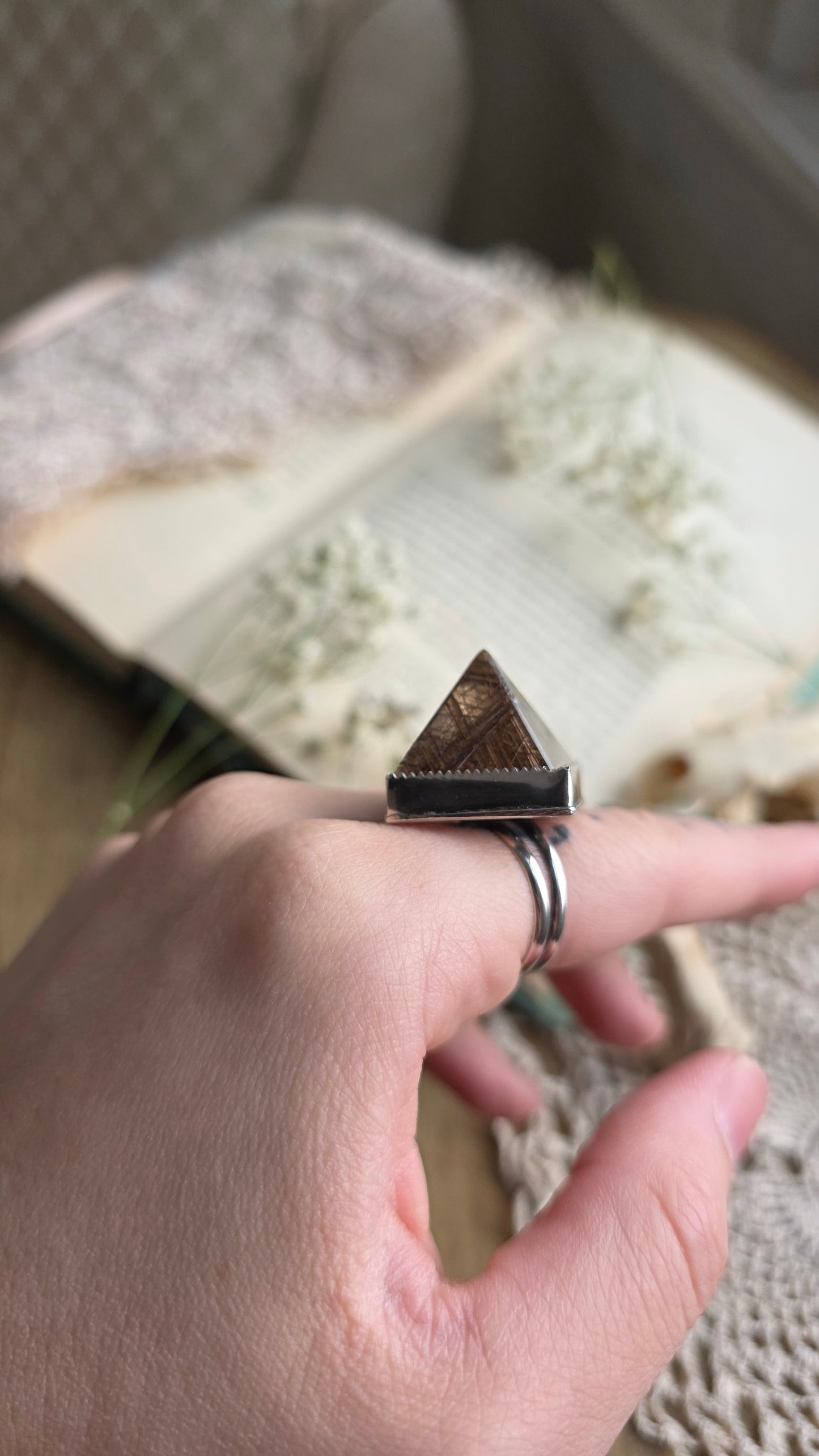 Rutilated Quaryz Pyramid Sterling Silver Ring Size 7 1/4 US