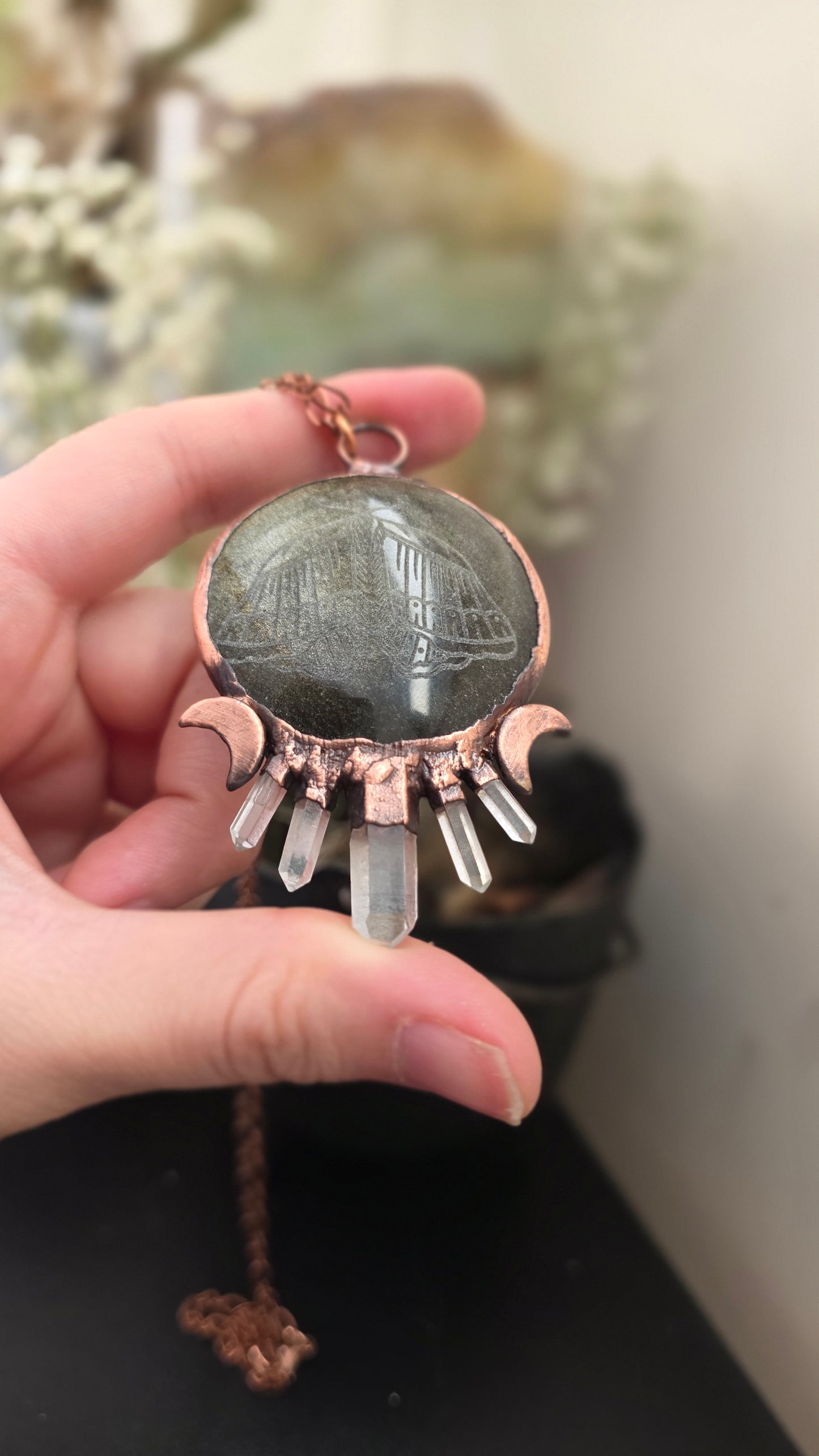 Gold sheen obsidian moth engraved copper pendant with quartz
