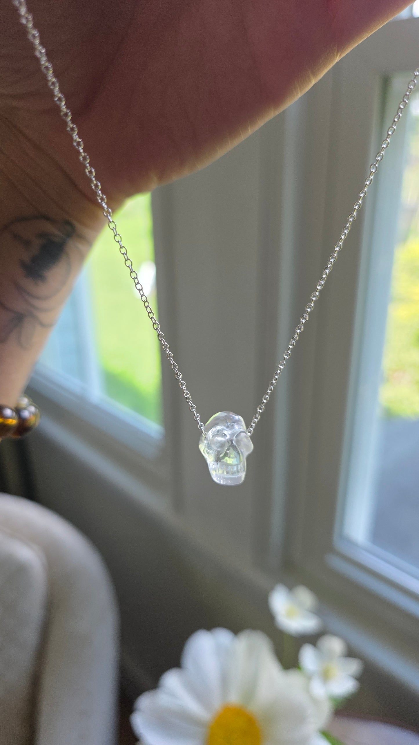 Faceted quartz skull bead necklace