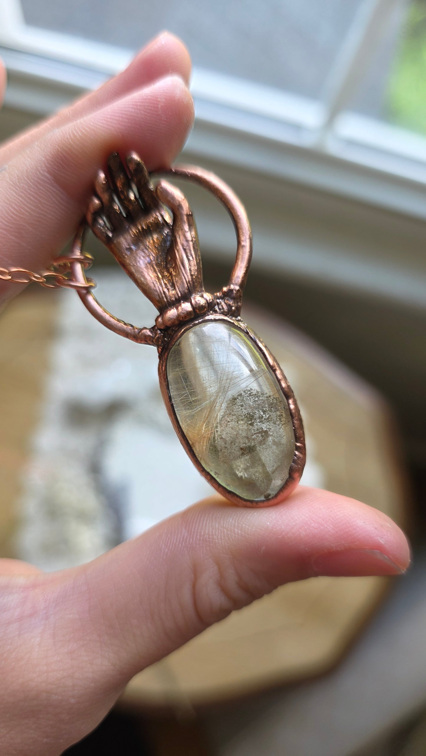 The High Priestess: Lodolite Rutile Phantom Copper Hand Necklace