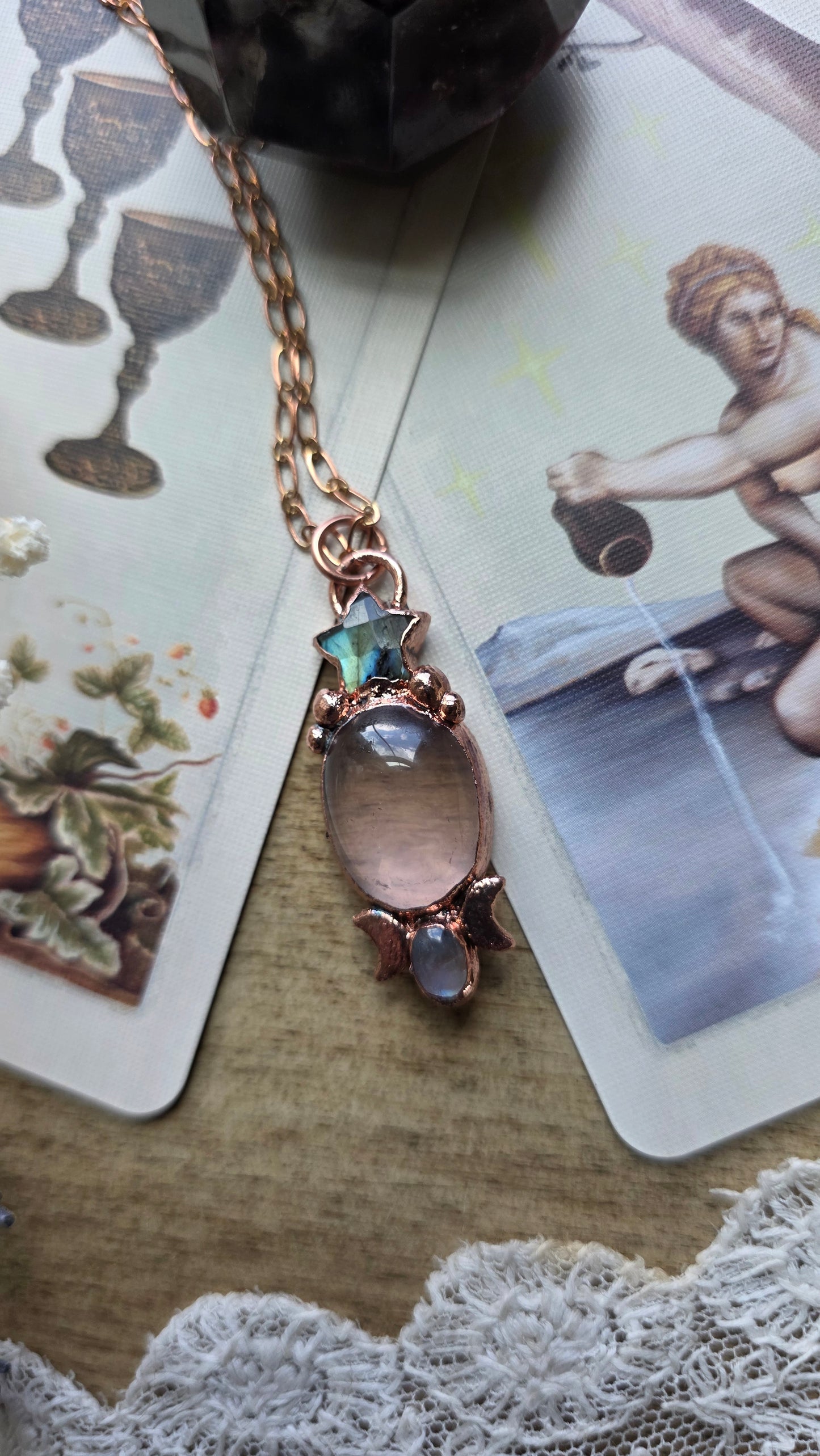 Mozambique Rose Quartz with Labradorite Star and Moonstone Copper Necklace