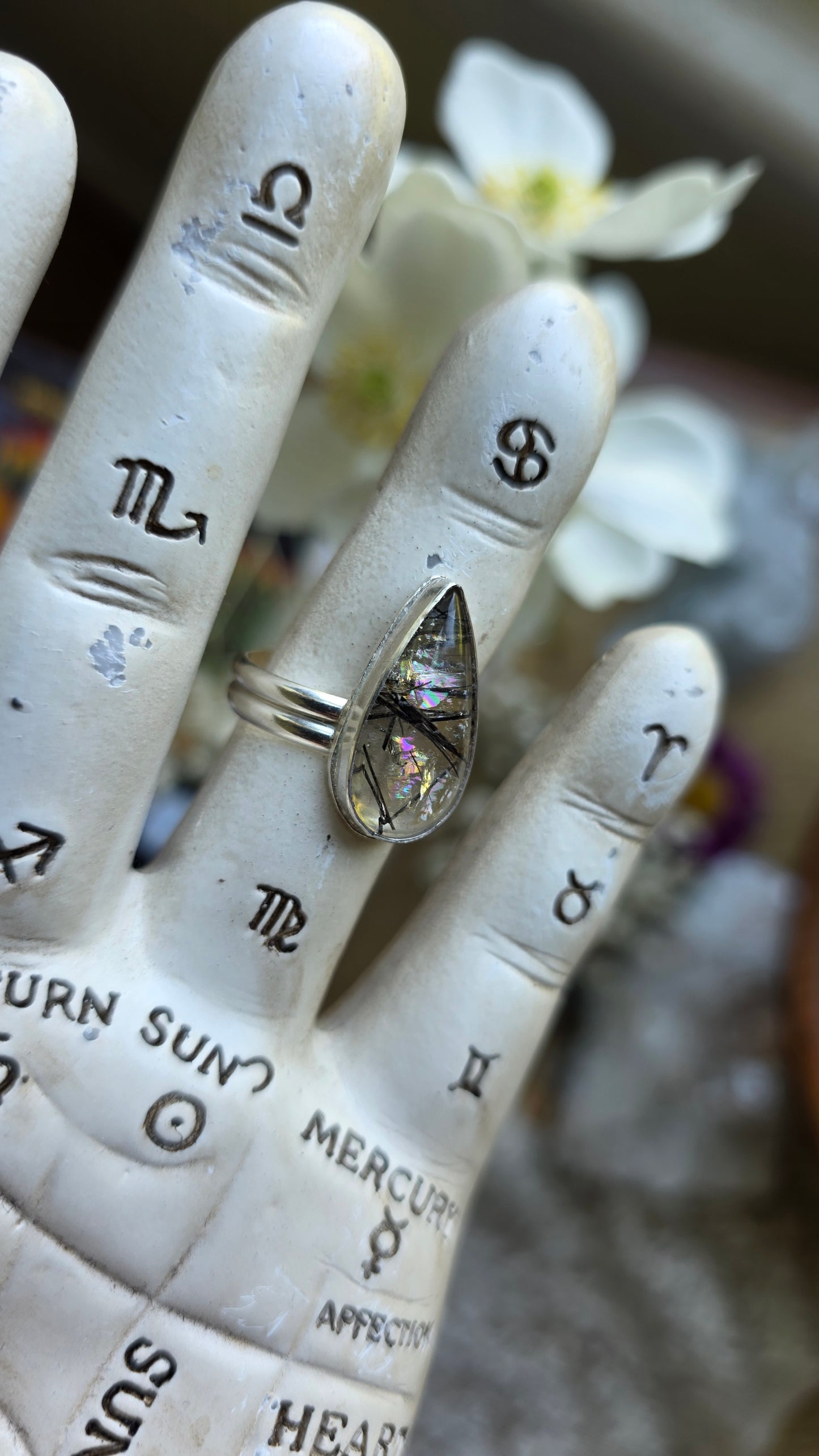 Rainbow filled Tourmalinated Quartz Sterling Silver Ring Size 7.5
