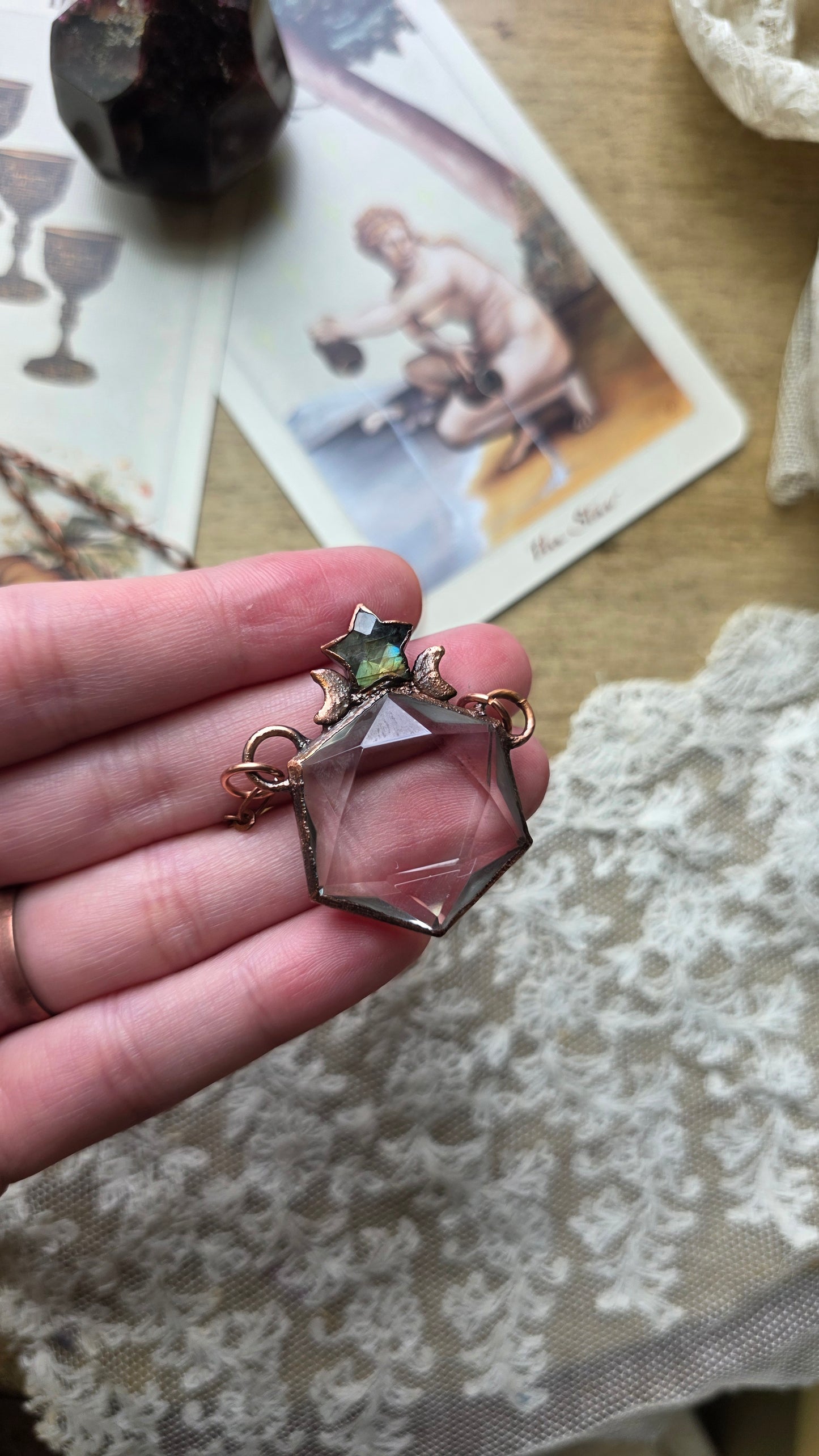 Quartz Hexagon with Labradorite Star Copper Necklace
