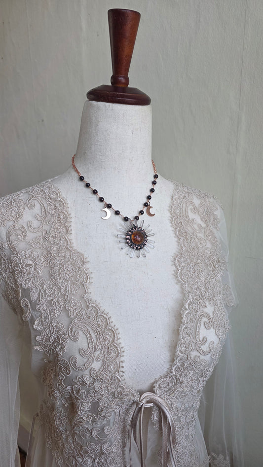 Lucia: Amber and Quartz Copper Sun with Garnet Pendant
