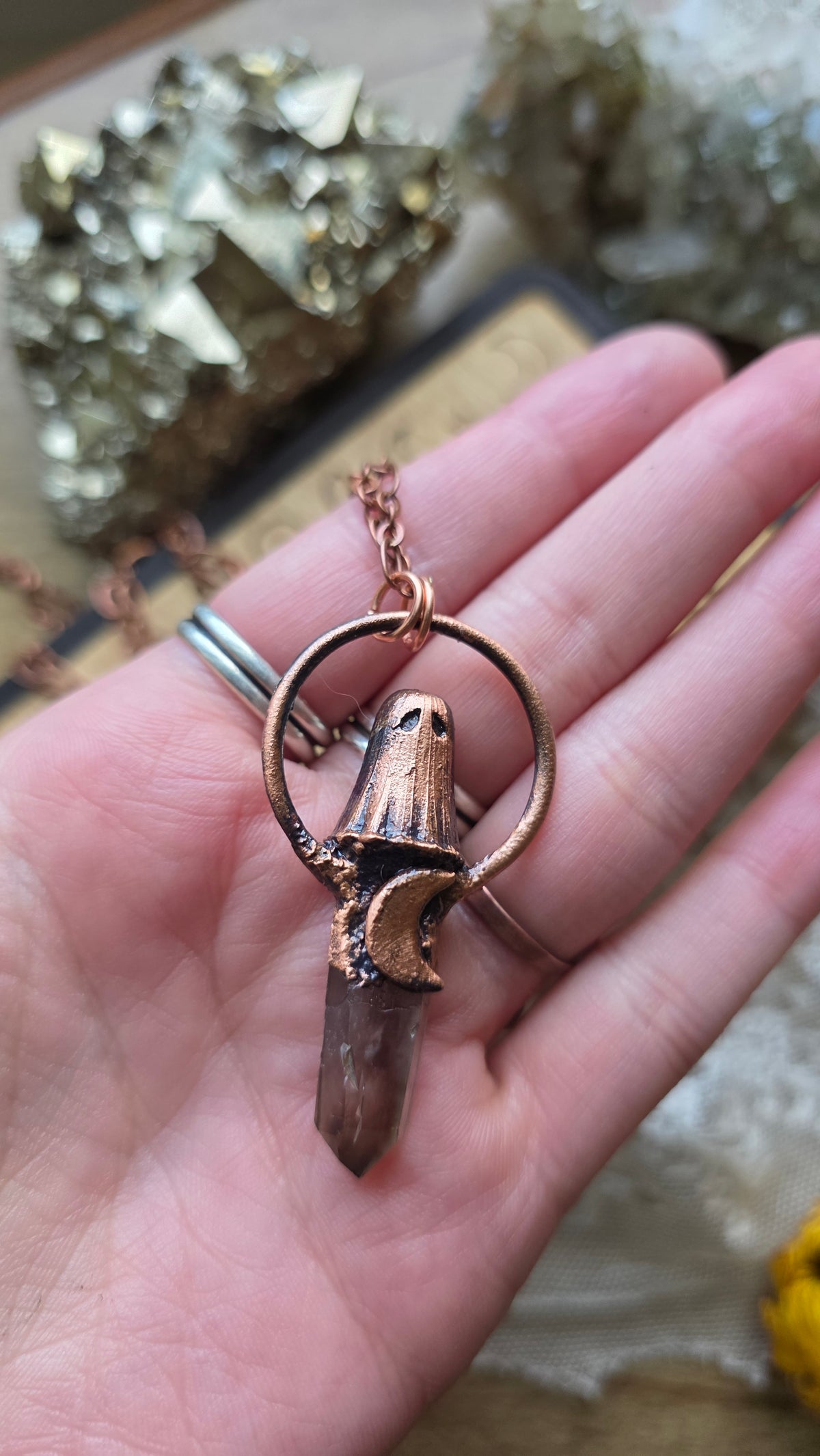 jdrewsilvers and xtwii collaboration: Smokey Quartz Copper Sheet Ghost Necklace