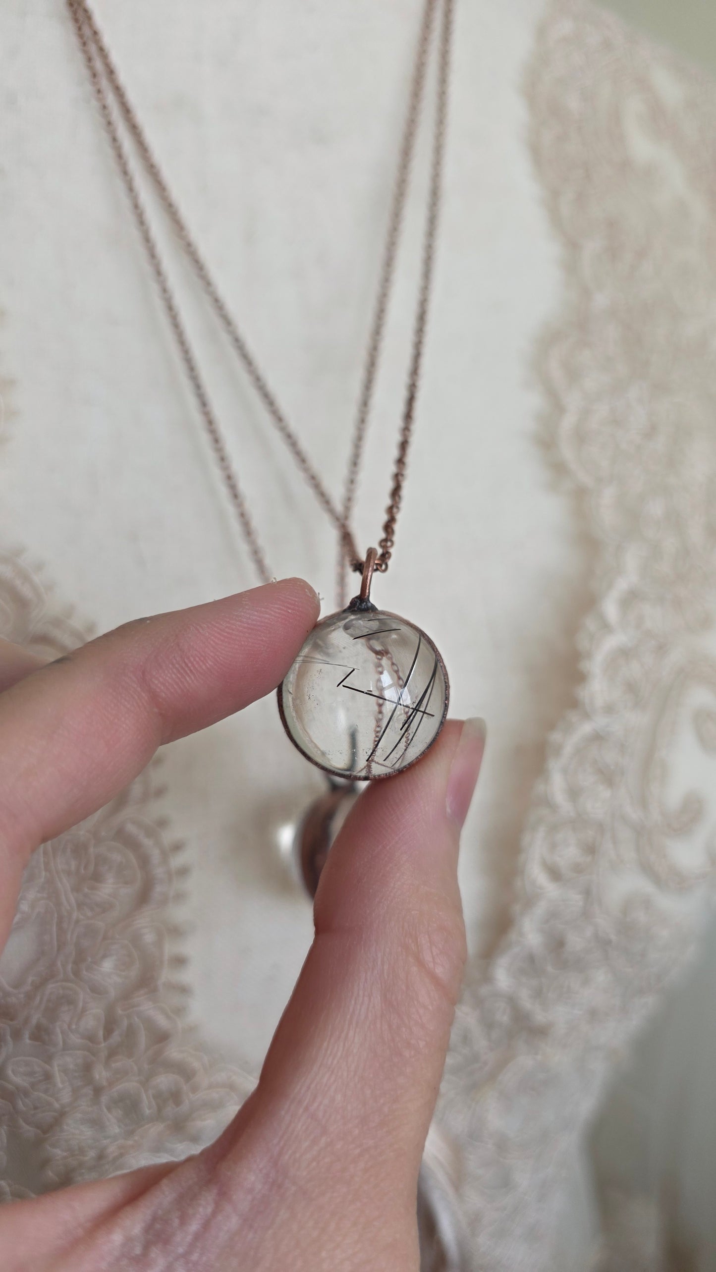 Tourmalinated Quartz Sphere Copper Pendant