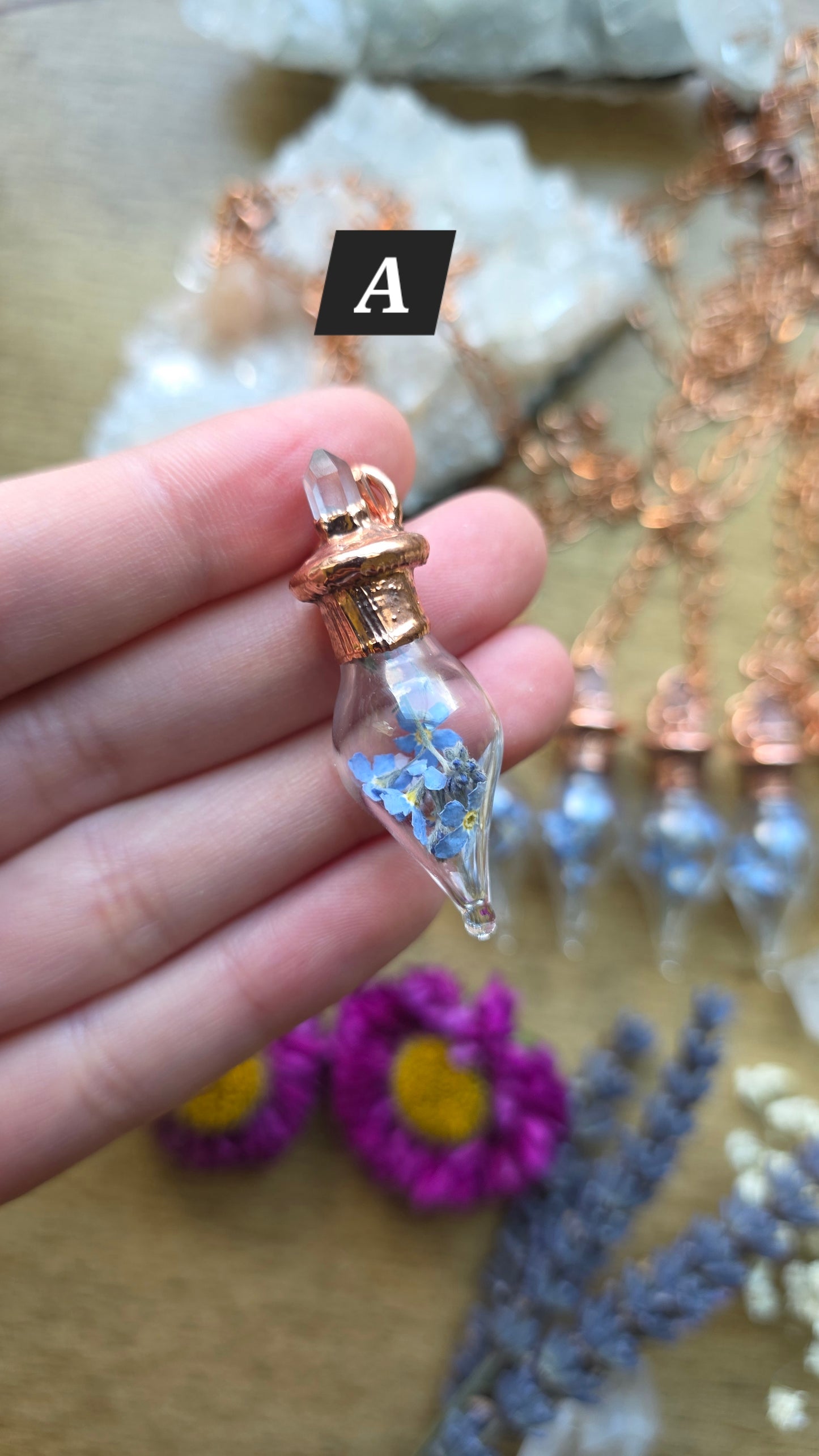 Forget-me-not copper glass vial pendant with quartz
