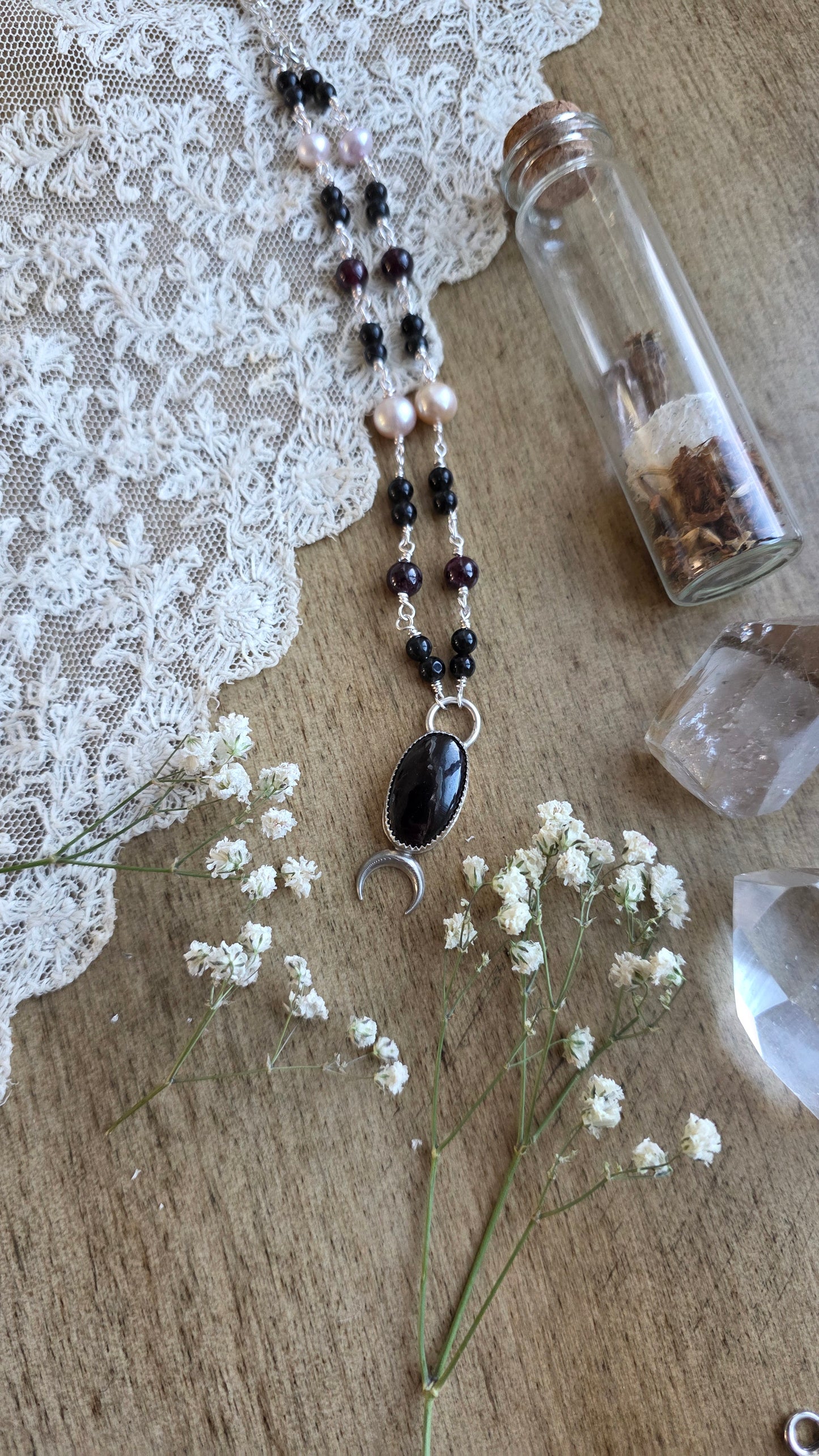 Sterling Silver Garnet, Pearl, and Obsidian Necklave
