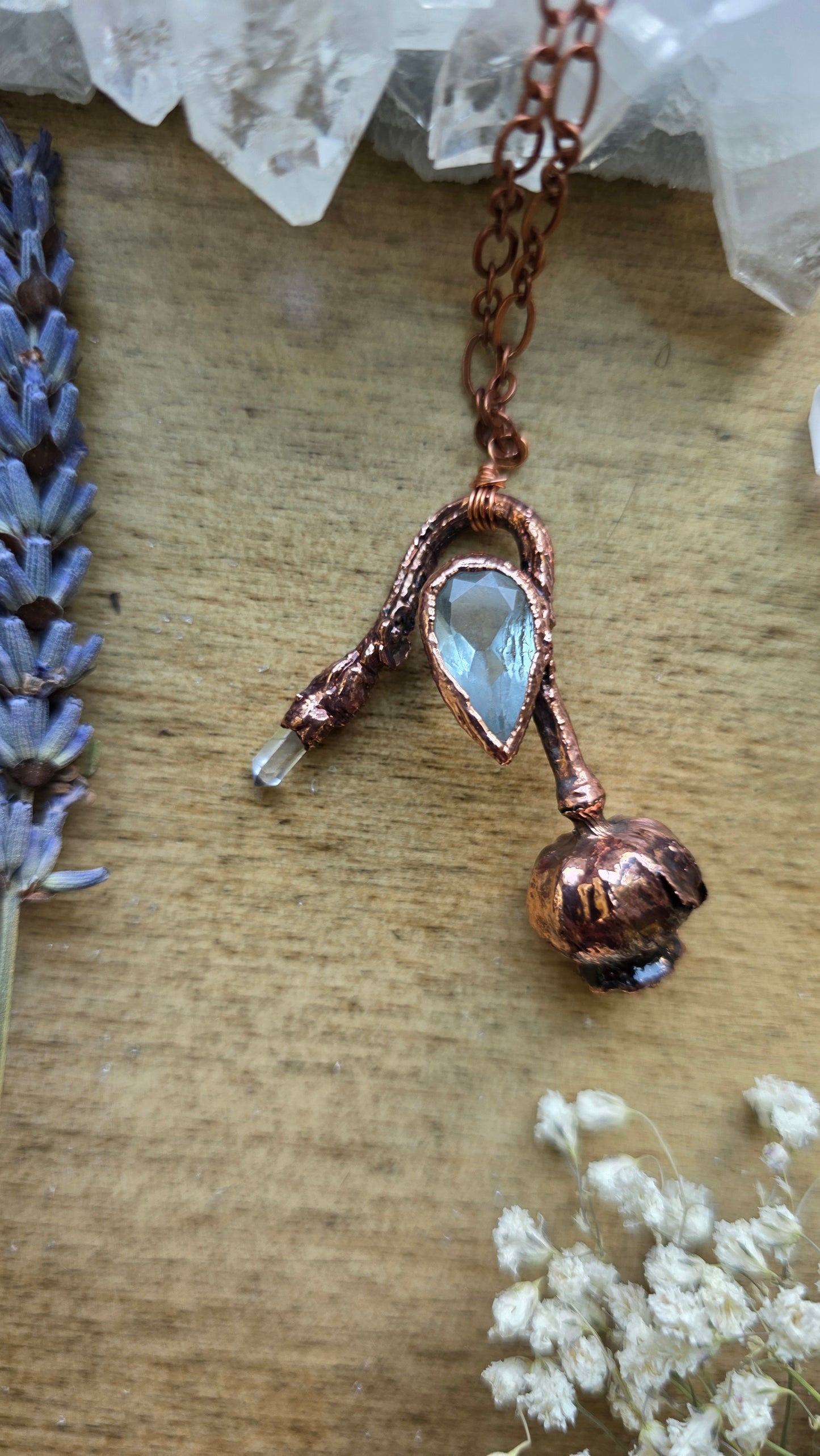 Copper Encased Poppy Pod with Aquamarine and Quartz