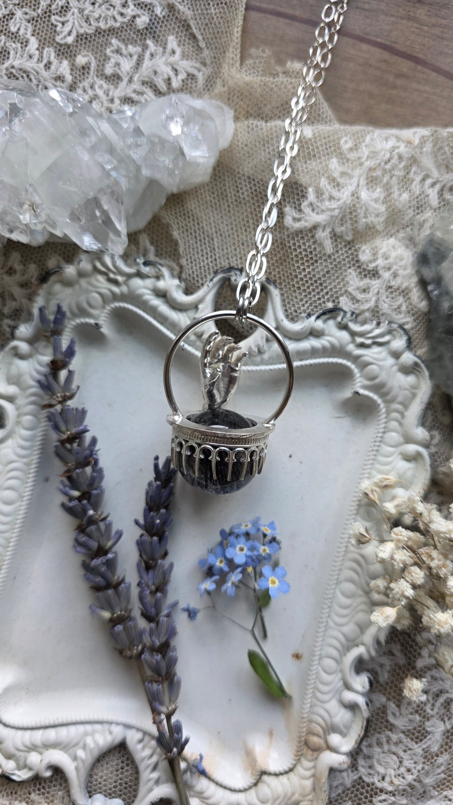 The High Priestess: Tourmalinated Quartz Sphere Sterling Silver Hand Pendant