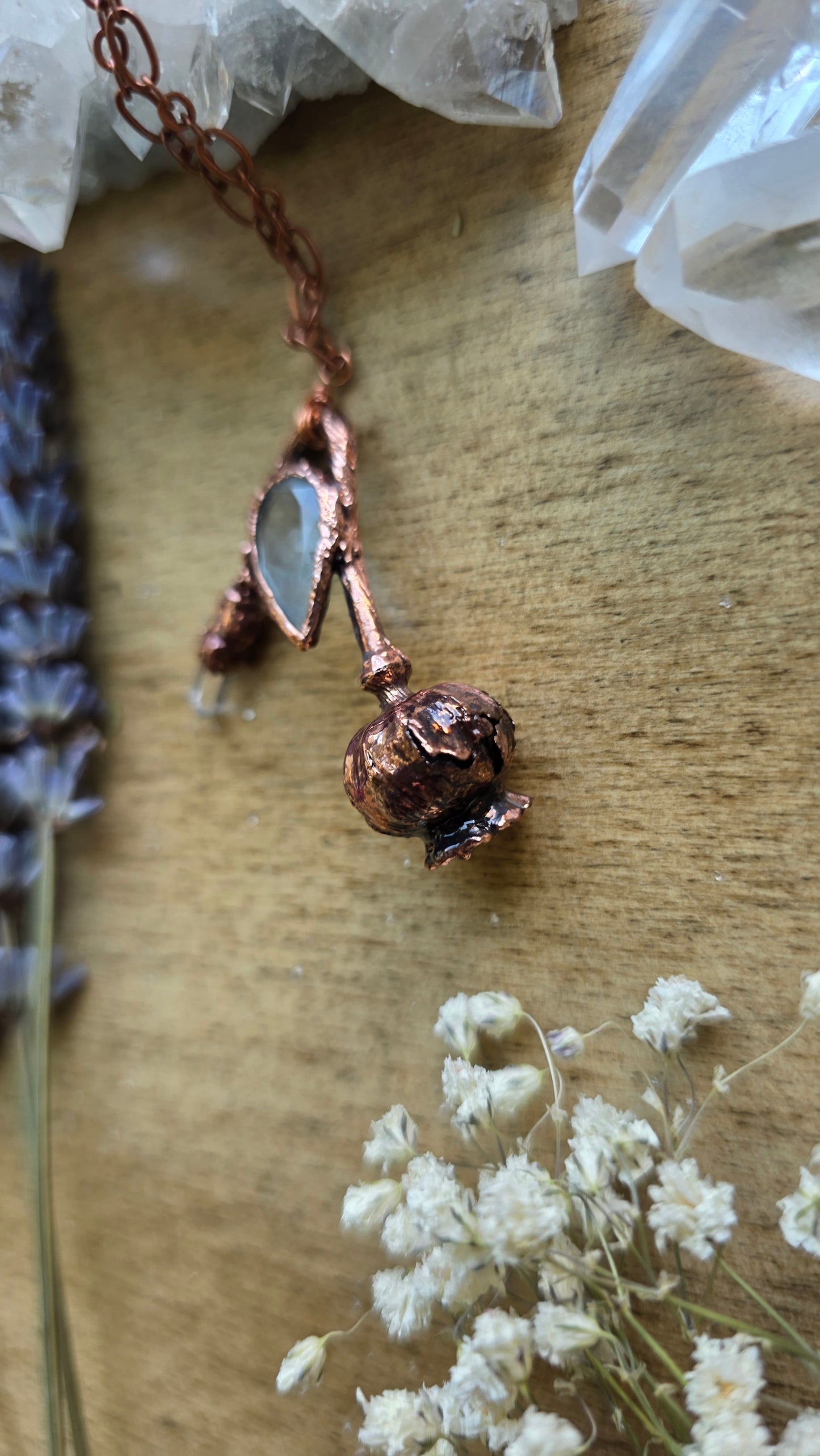 Copper Encased Poppy Pod with Aquamarine and Quartz