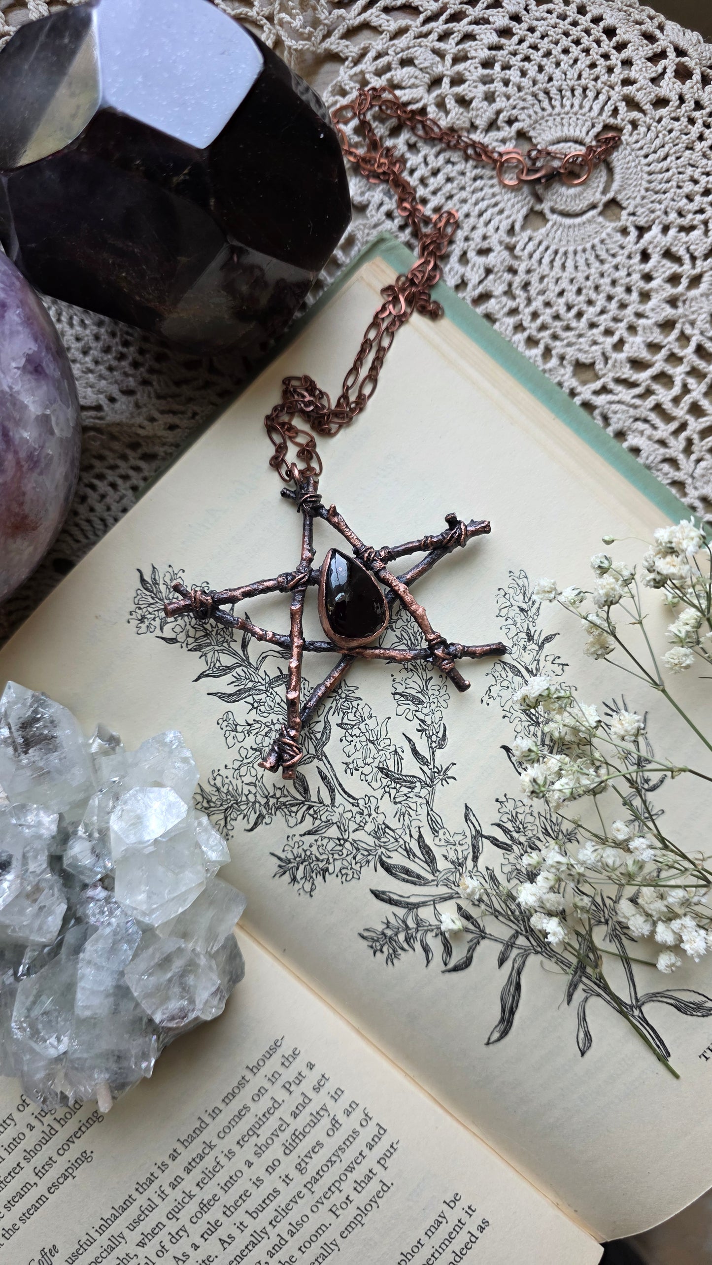 Rooted: Copper Twig and Garnet Pentacle Necklace