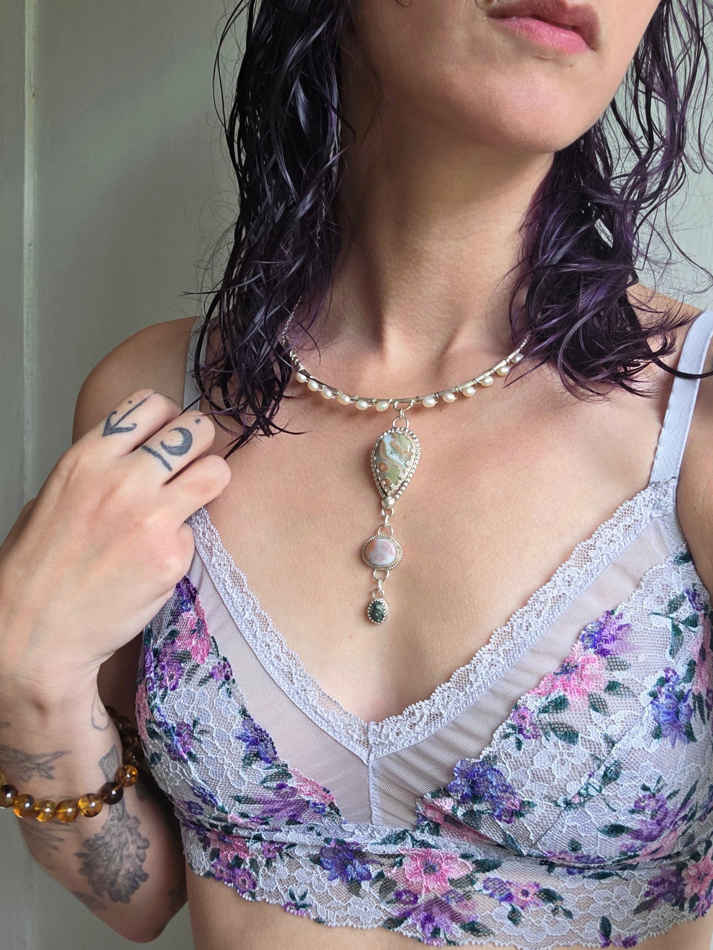 Ocean Jasper and Pearl Sterling Silver Statement Necklace