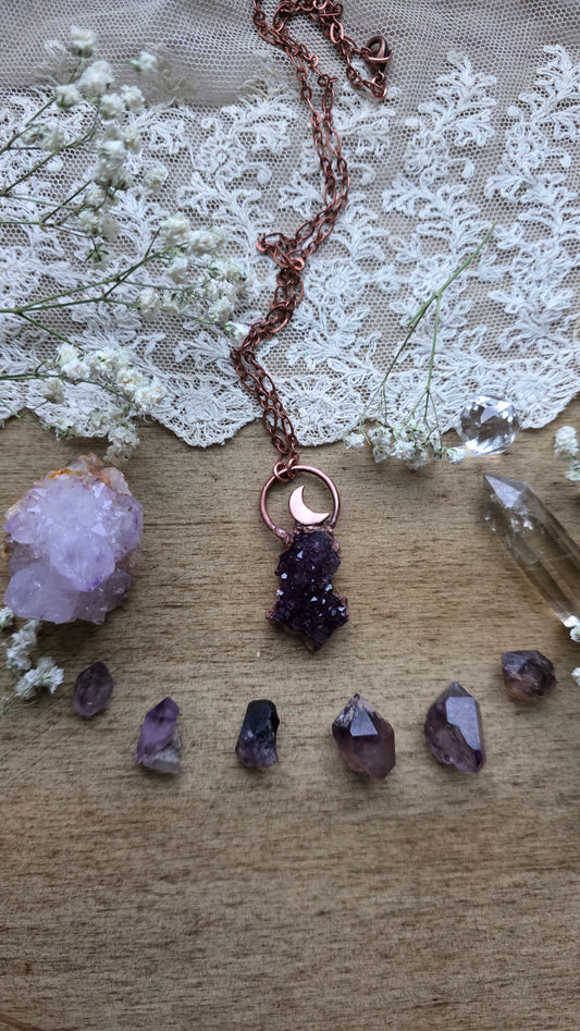 Amethyst Druzy Copper Moon Pendant
