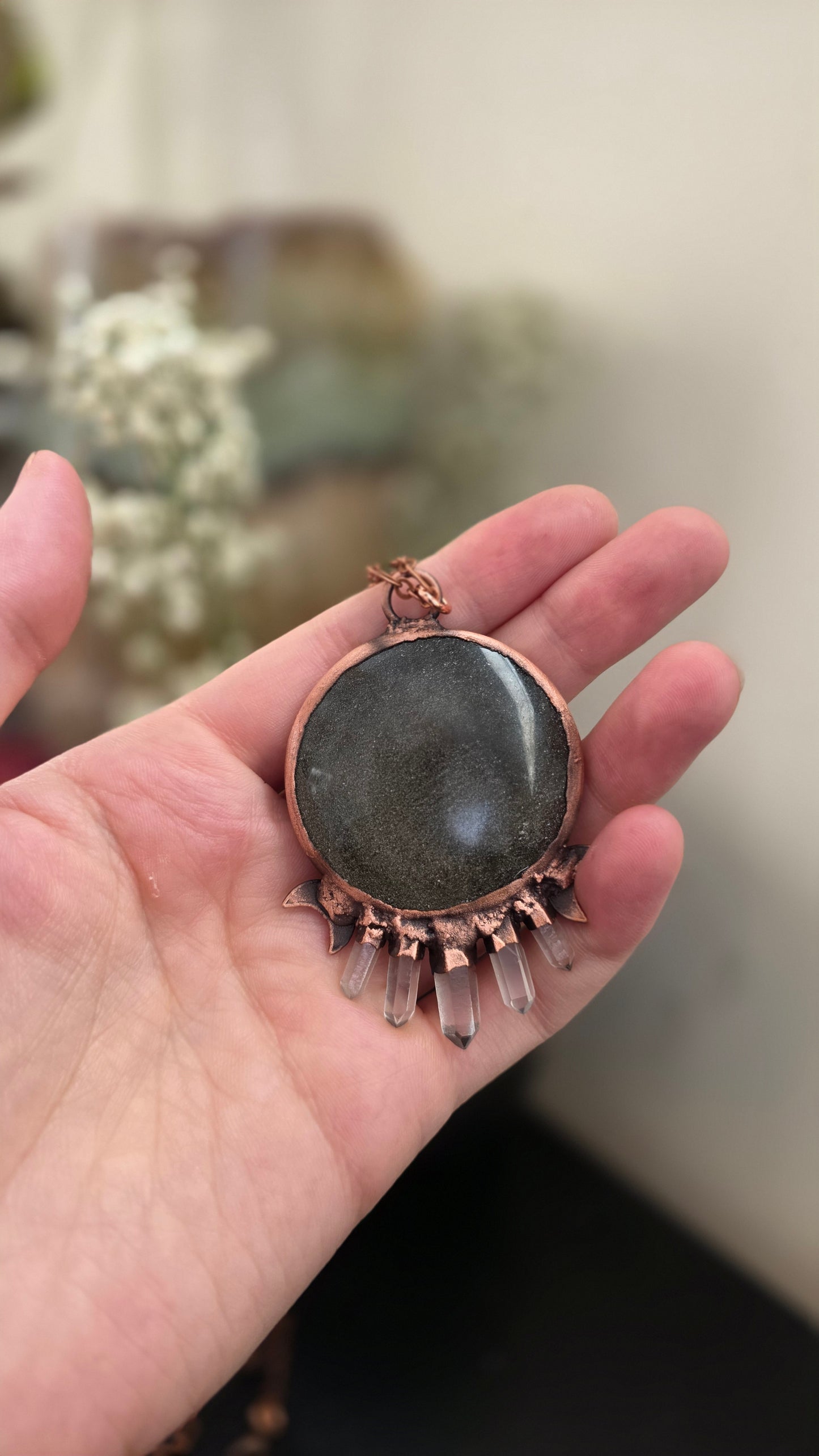 Gold sheen obsidian eye engraved copper pendant with quartz