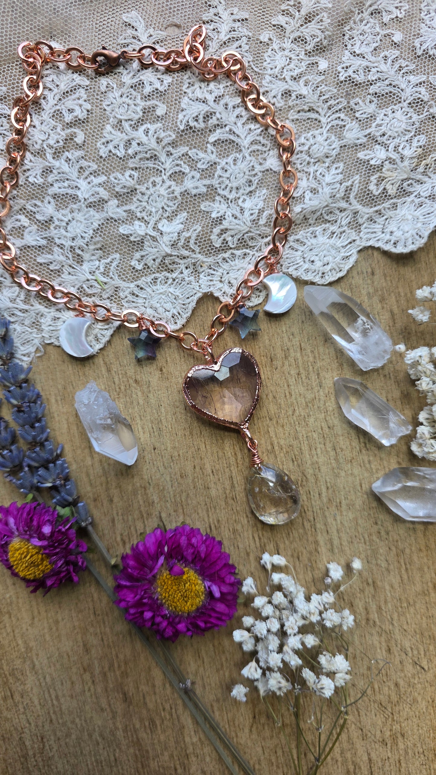 Faceted Ametrine Heart with Rutilated Quartz Copper Necklace