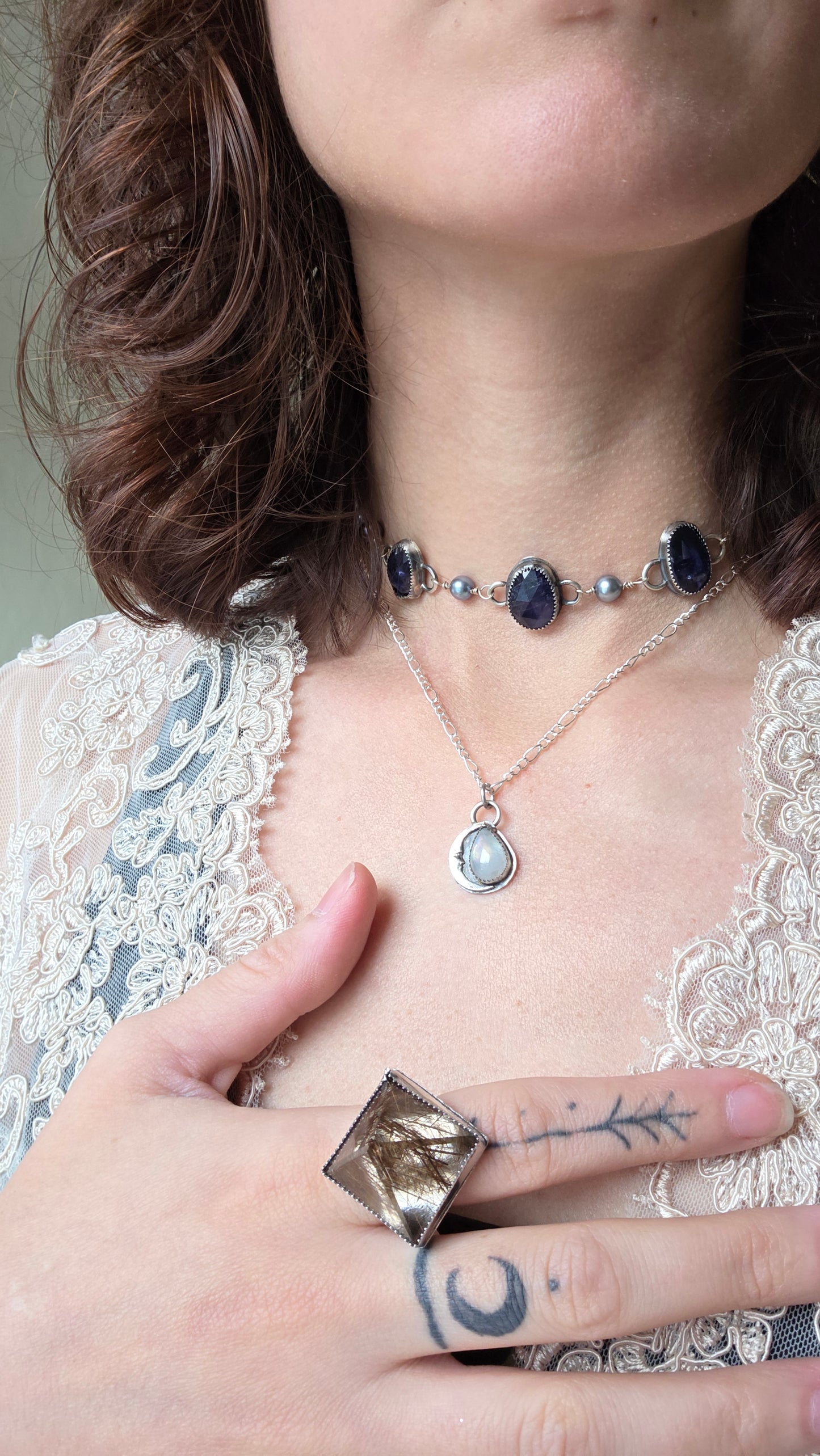 Sterling silver Blue Kyanite and Fresh Water Pearl Choker