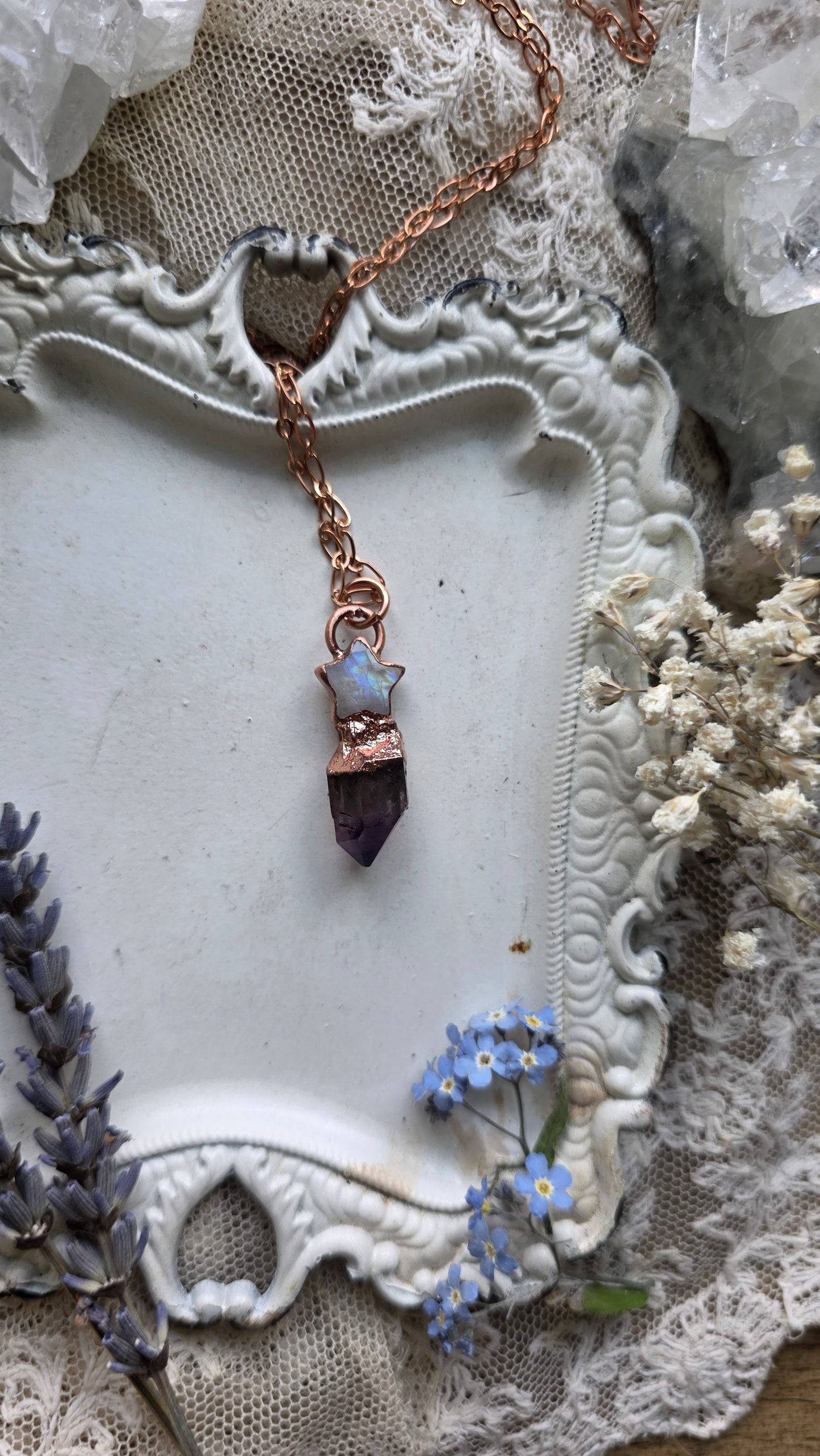 The High Priestess: Smokey Amethyst with Moonstone Star Copper Necklace