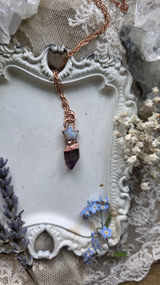 The High Priestess: Smokey Amethyst with Moonstone Star Copper Necklace