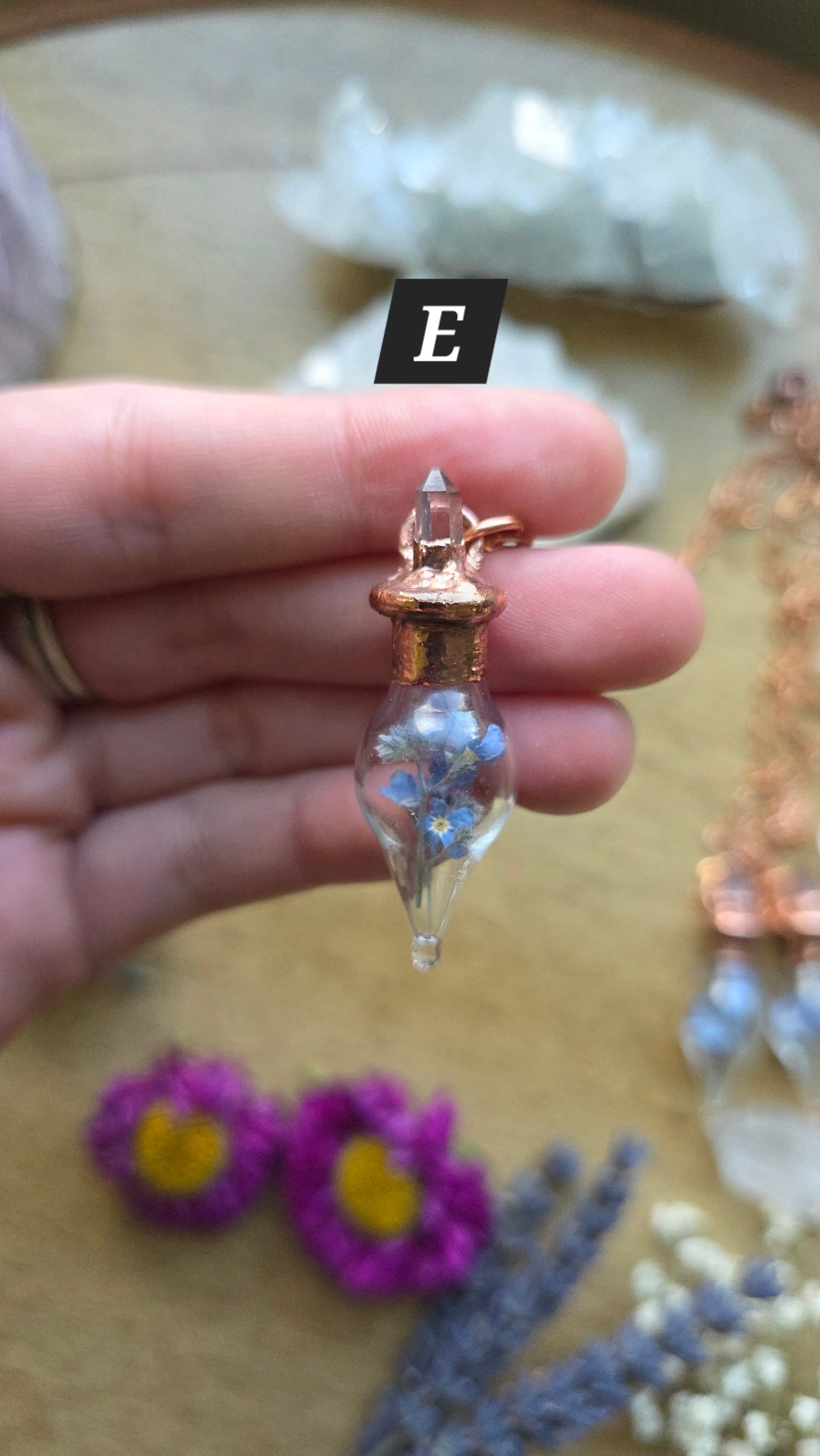 Forget-me-not copper glass vial pendant with quartz