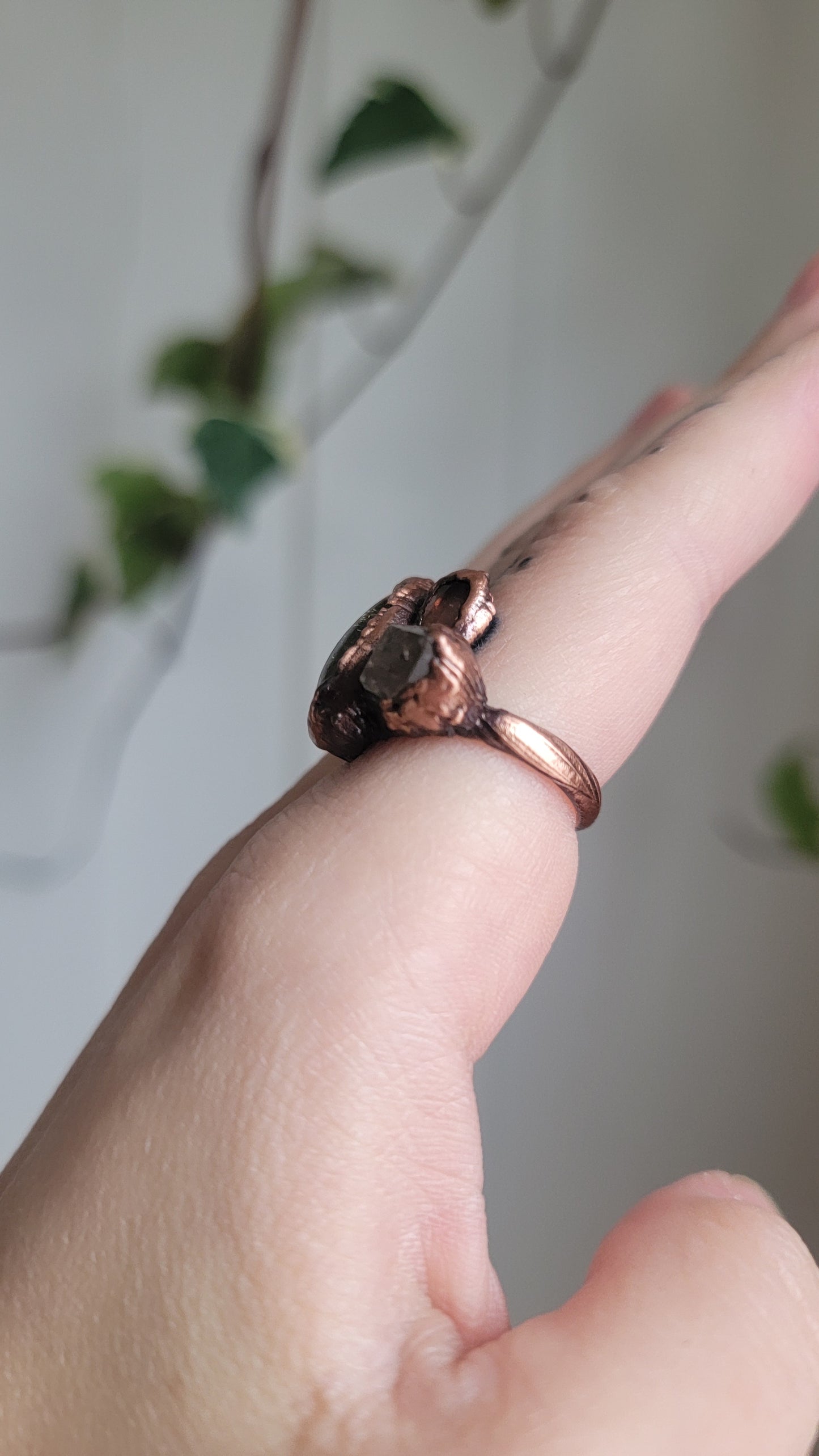 Rutilated Quartz, Pakimer, and Tourmaline Copper Ring Size 7 US