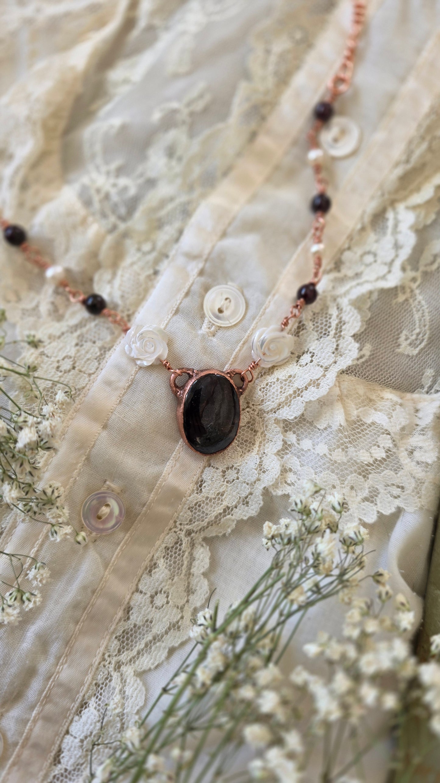 Garnet Copper Choker with Mother of Pearl and Pearl
