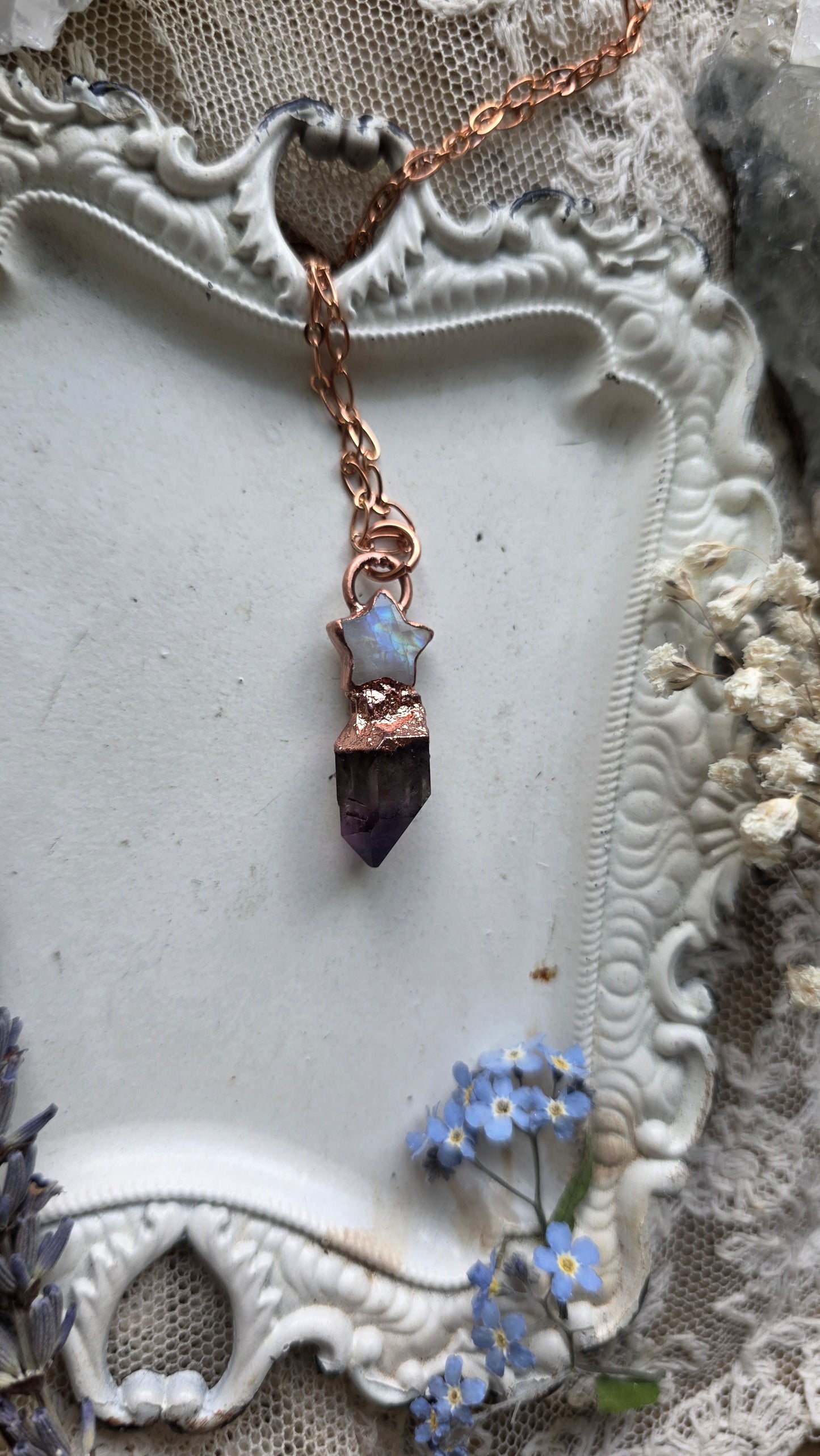 The High Priestess: Smokey Amethyst with Moonstone Star Copper Necklace