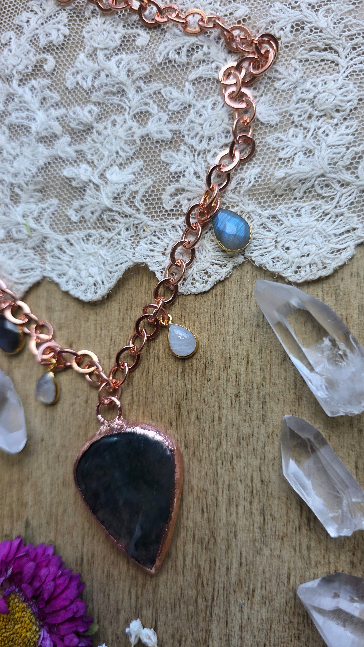 Moss Agate with Moonstone and Labradorite Copper Necklace