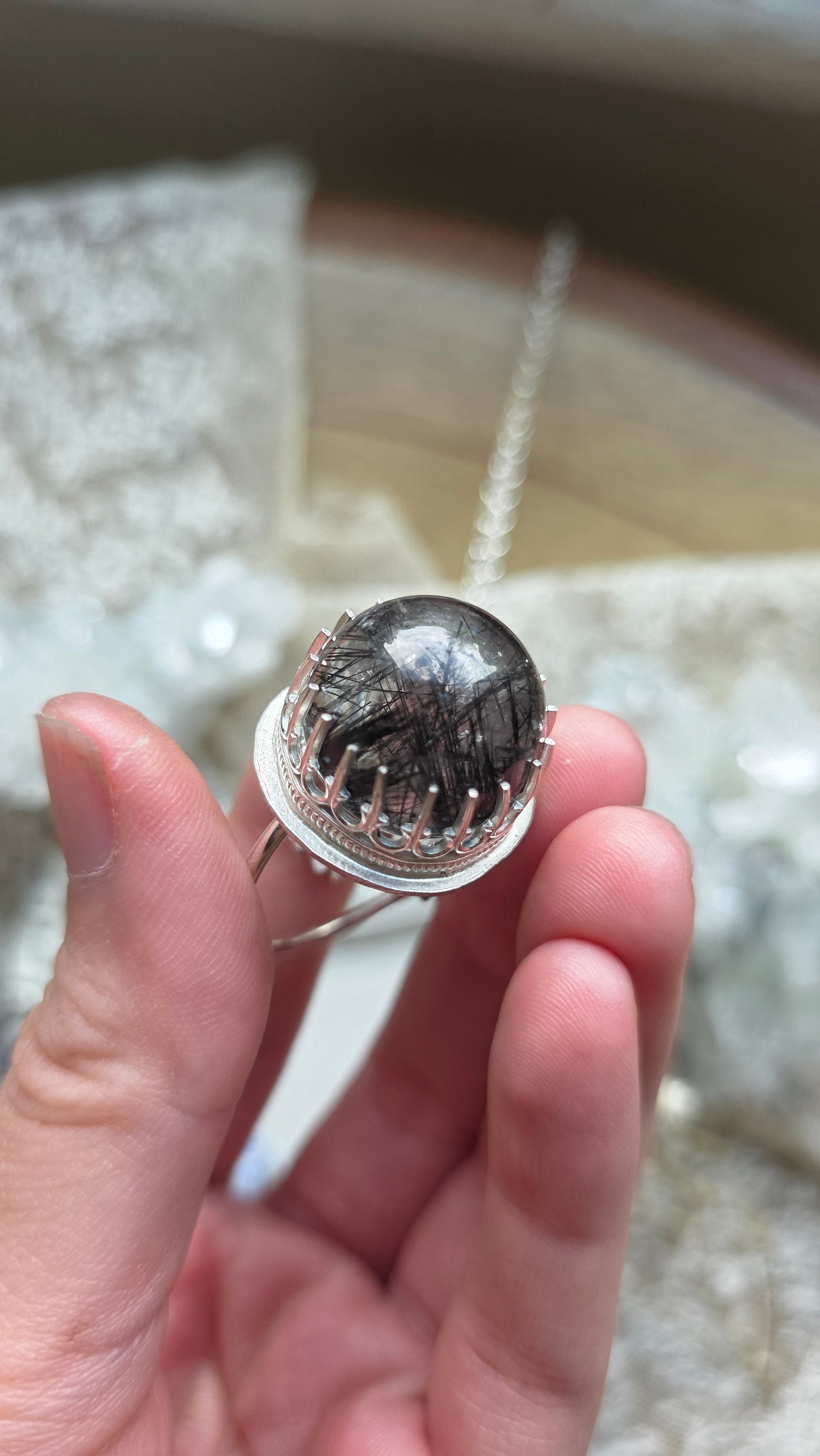 The High Priestess: Tourmalinated Quartz Sphere Sterling Silver Hand Pendant