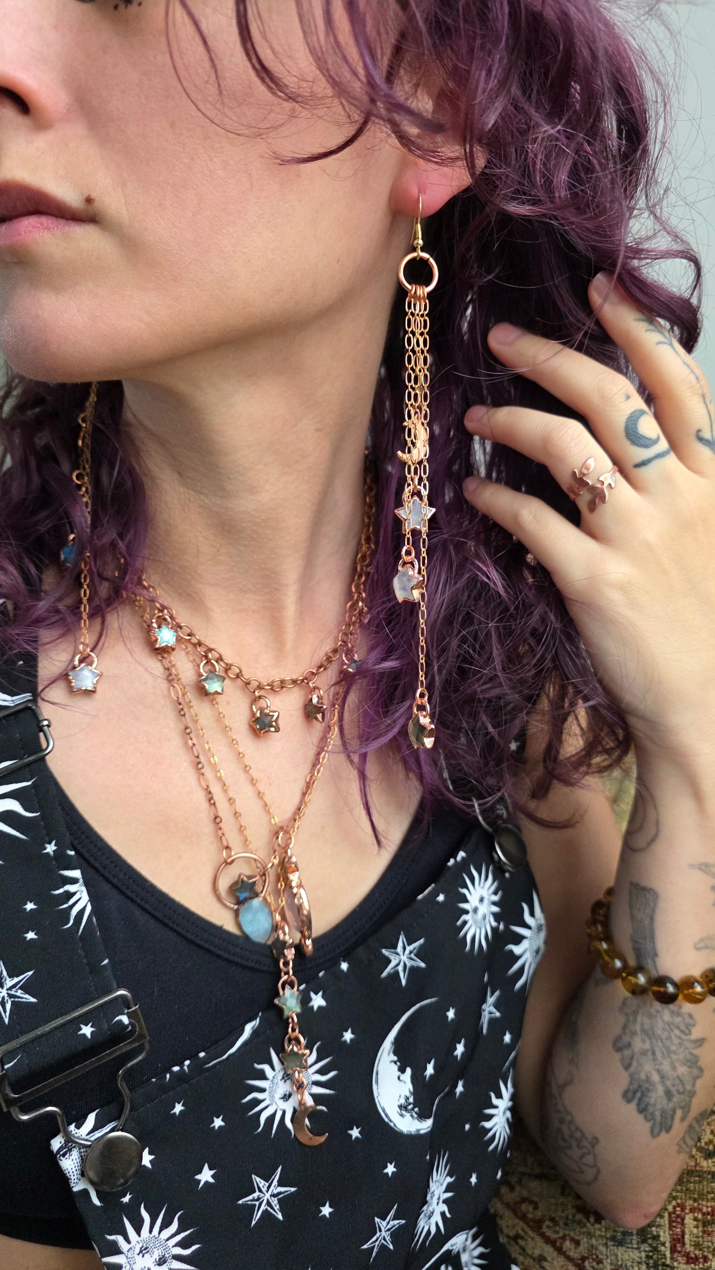 Long Statement Dangle Star Copper Earrings