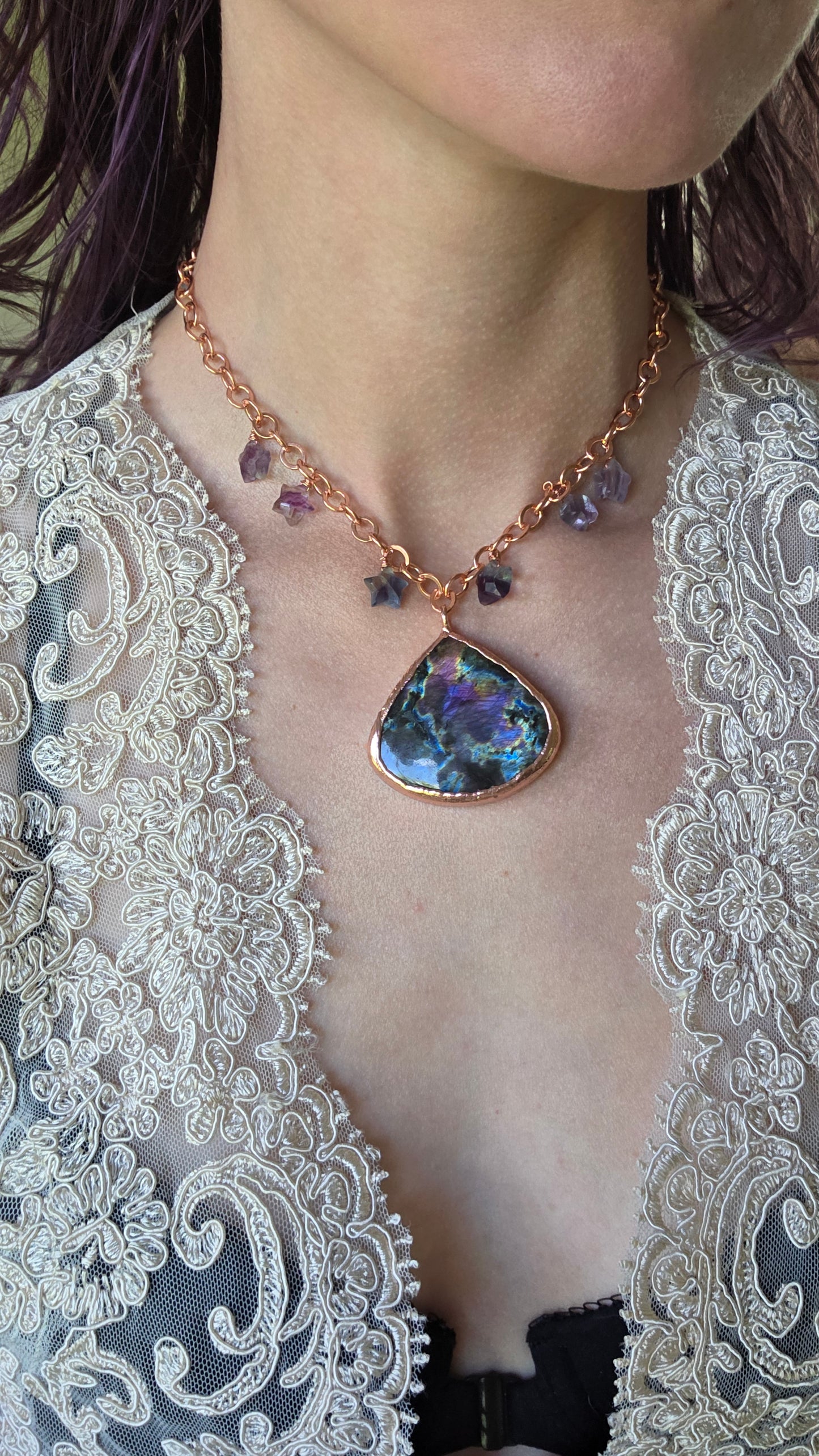 Labradorite and Fluorite Stars Copper Necklace