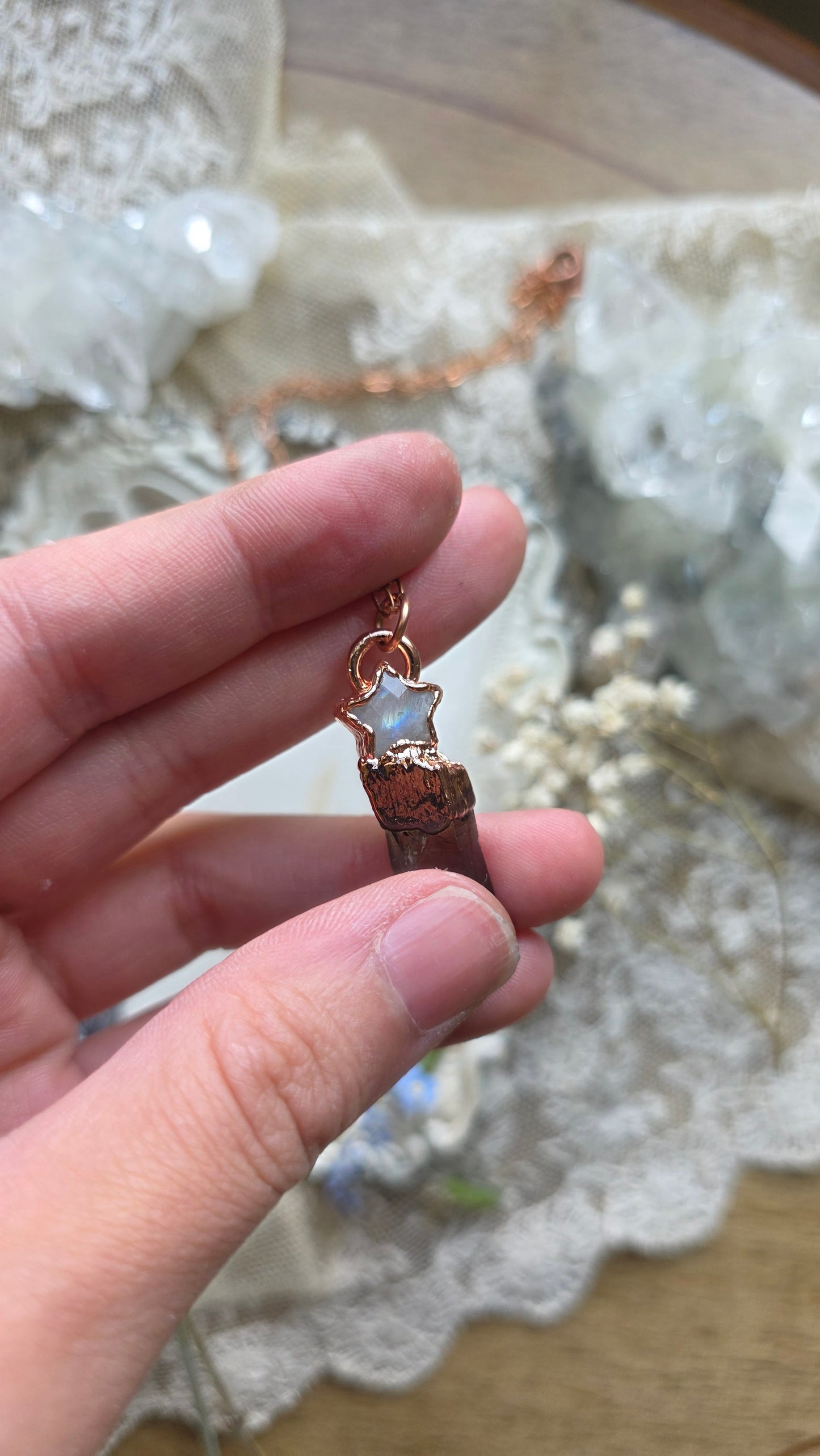 The High Priestess: Smokey Quartz and Moonstone Star Copper Necklace