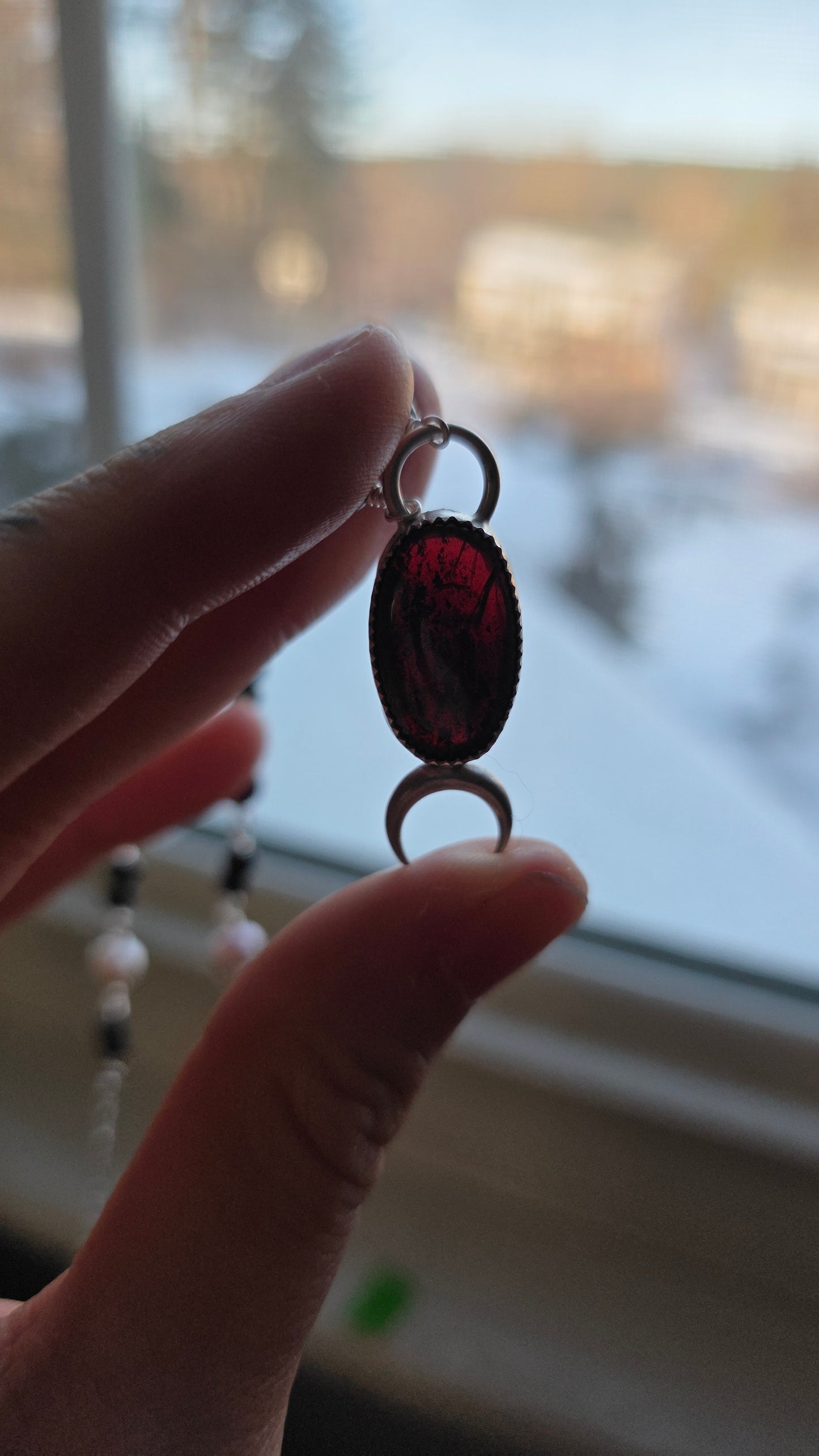 Sterling Silver Garnet, Pearl, and Obsidian Necklave