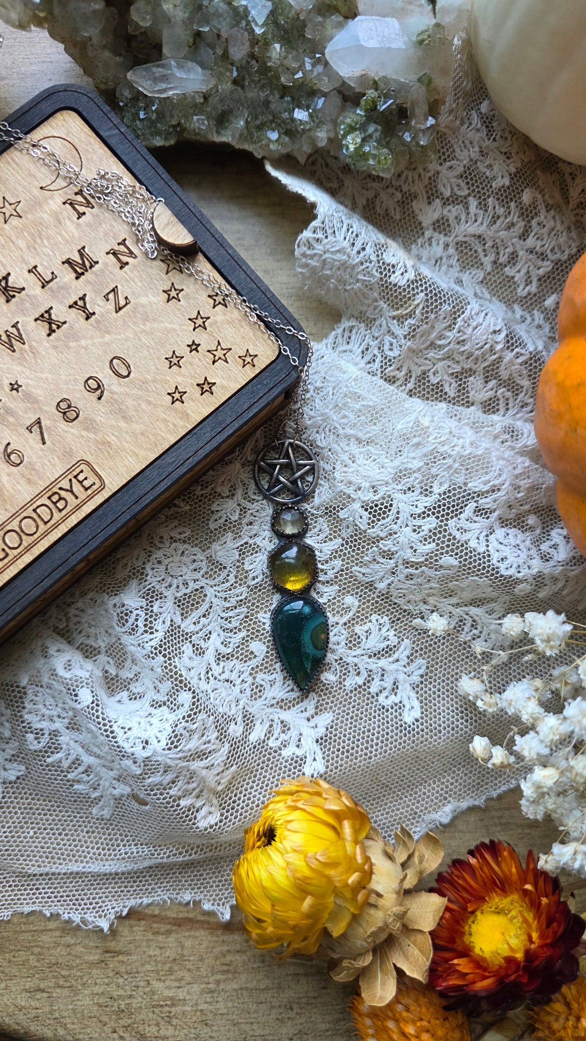jdrewsilvers and xtwii collaboration:  Sterling Silver Pentacle Necklace with Ocean Jasper, Amber, and Citrine