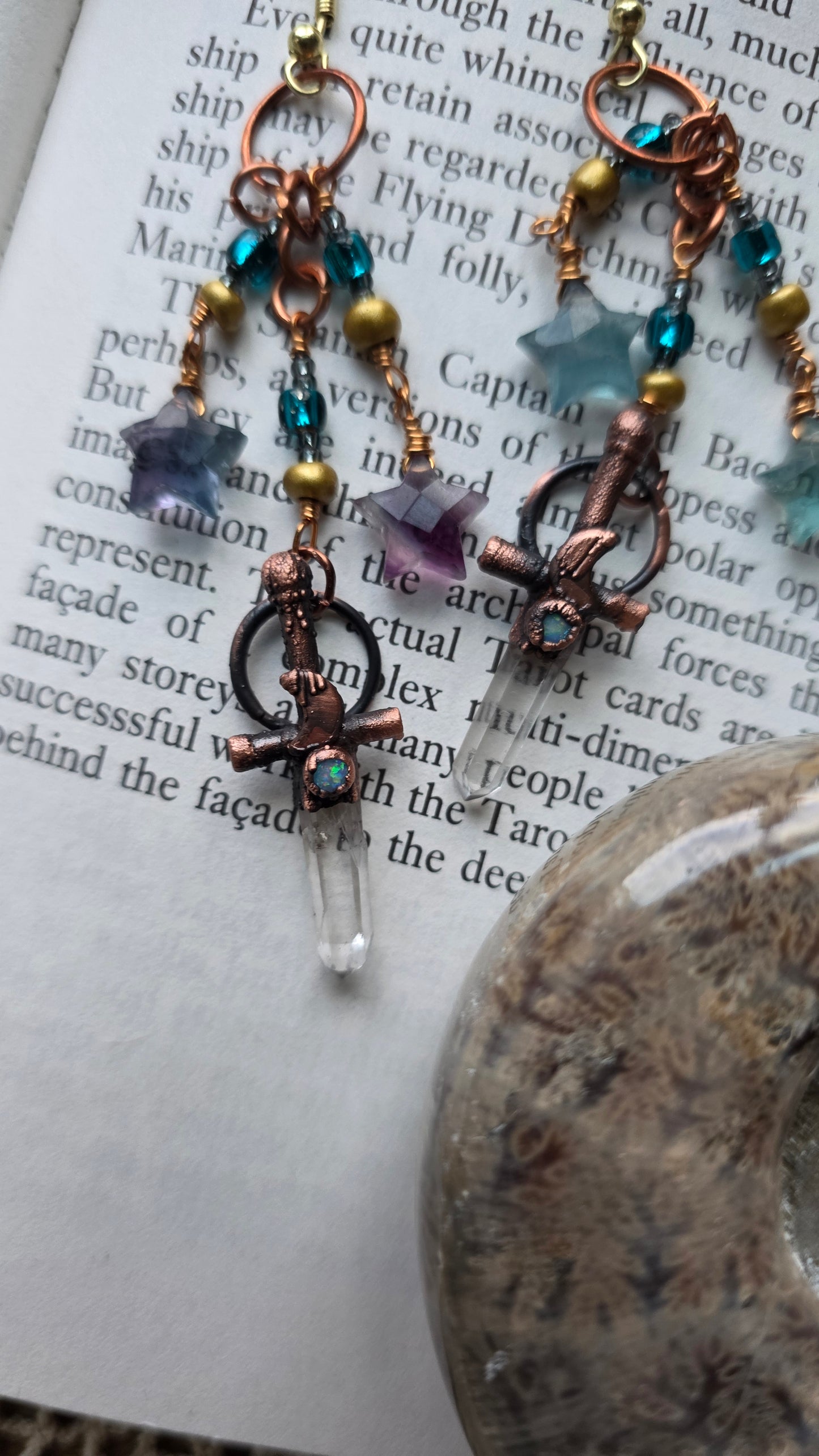 Quartz sword copper earrings with Australian opal and fluorite stars