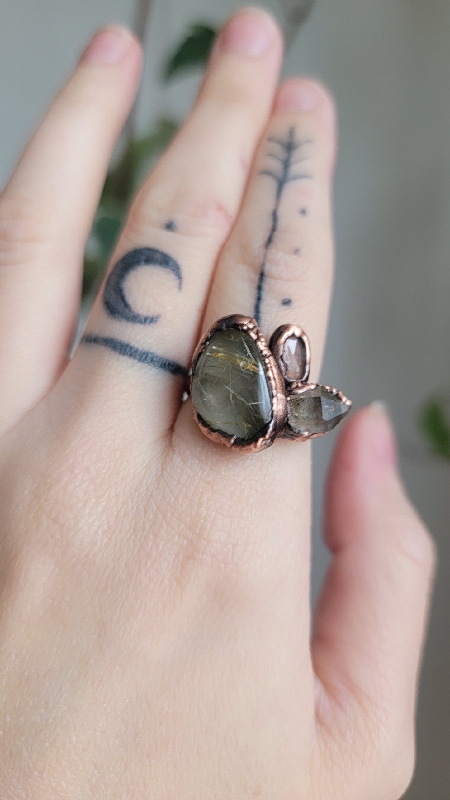 Rutilated Quartz, Pakimer, and Tourmaline Copper Ring Size 7 US