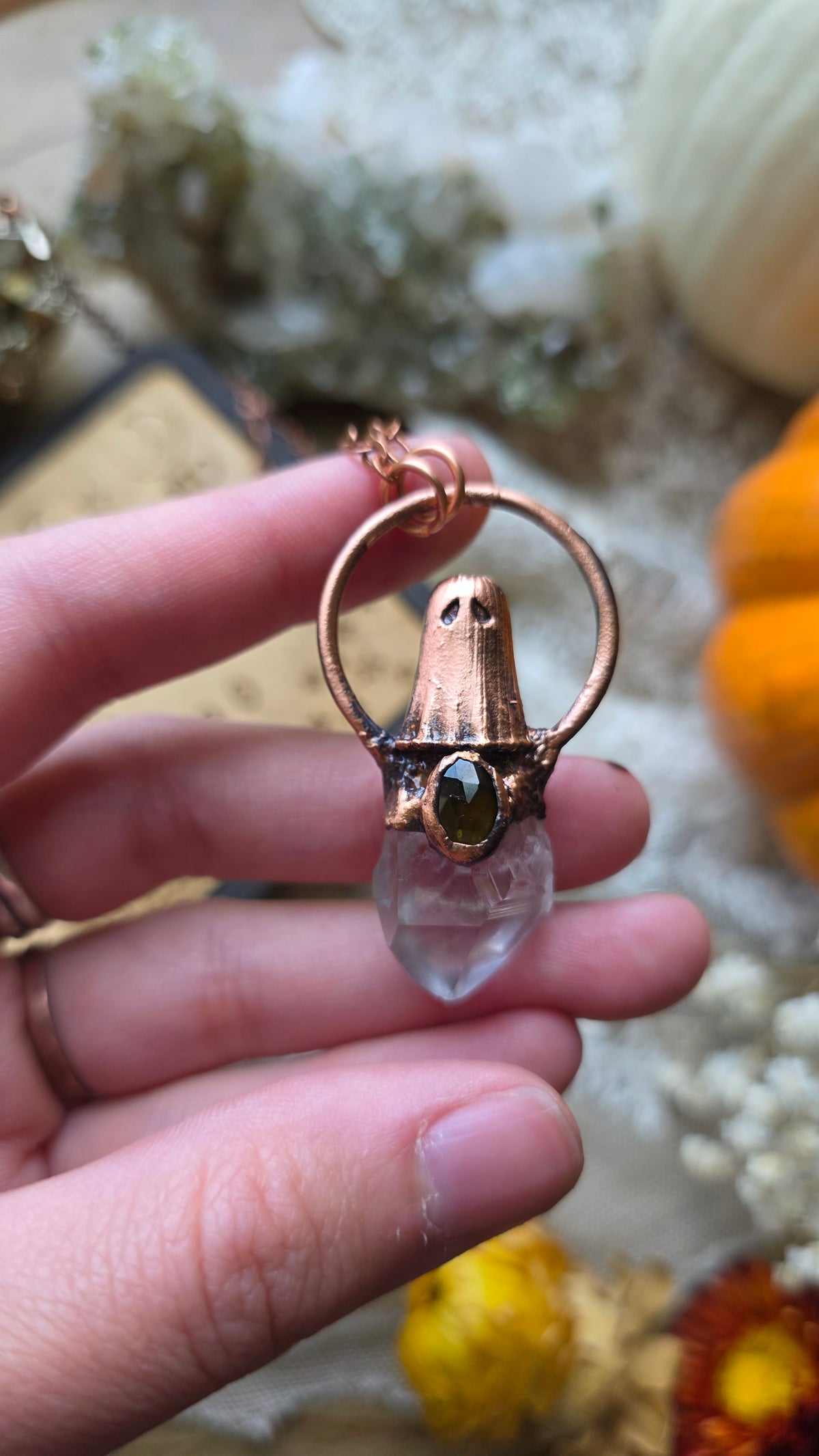 jdrewsilvers and xtwii collaboration: Quartz and Green Tourmaline Copper Sheet Ghost Necklace