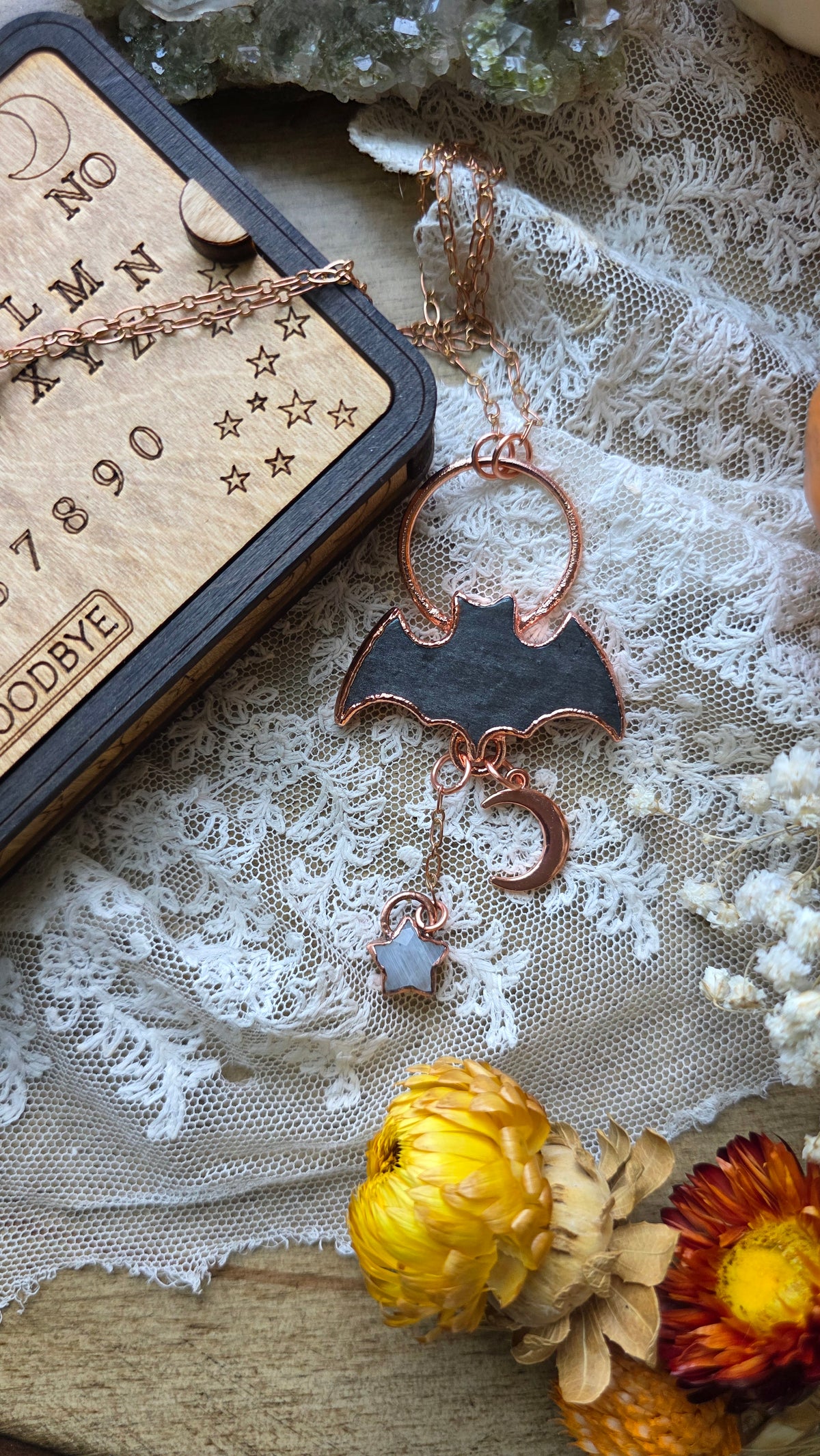 jdrewsilvers and xtwii collaboration: Silver Sheen Obsidian Bat Copper Necklace
