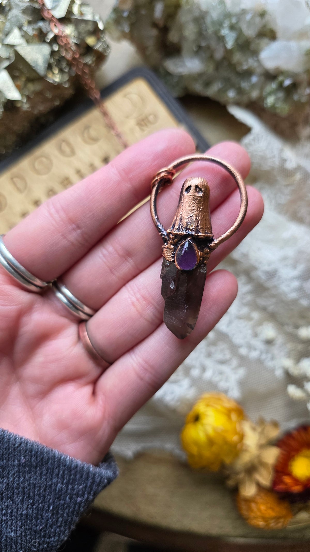 jdrewsilvers and xtwii collaboration: Smokey Quartz and Amethyst Copper Sheet Ghost Necklace