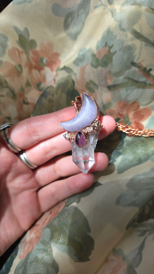 Self healer quartz with lepidolite moon and amethyst copper pendant