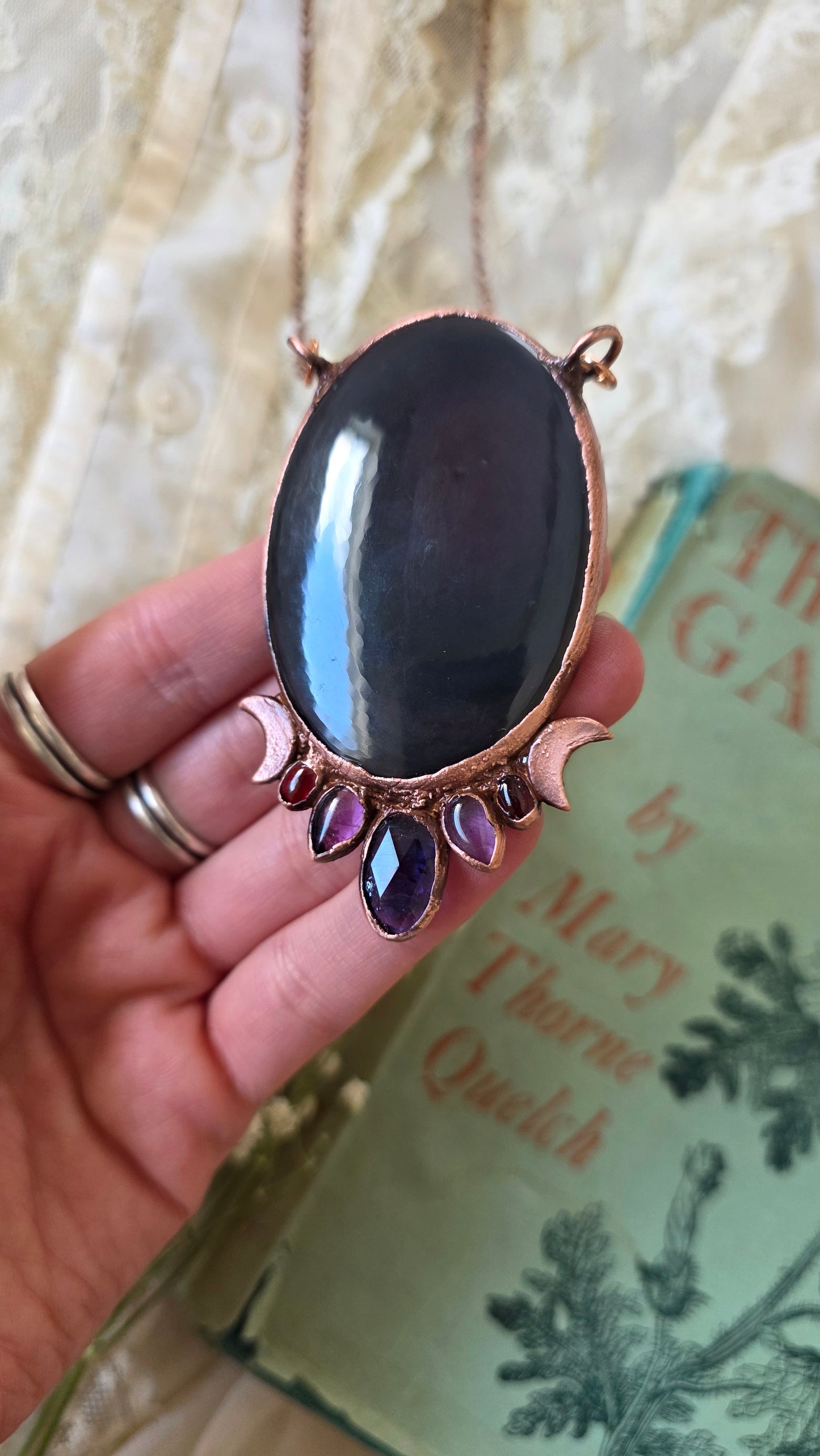Large Rainbow Obsidian With Kyanite, Amethyst, and Garnet Copper Pendant