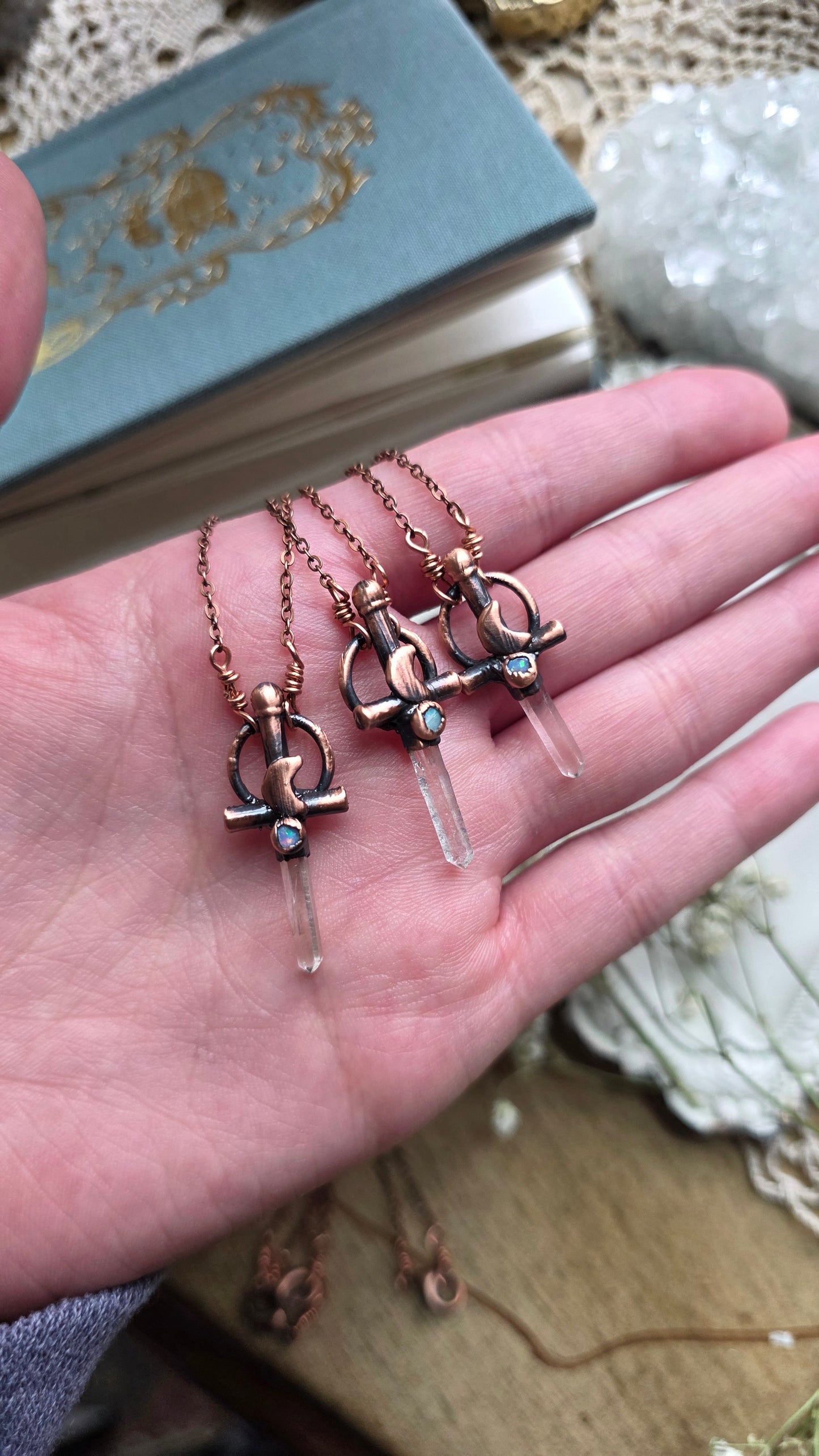 Mini Quarts and Australian Opal Copper Sword Necklace