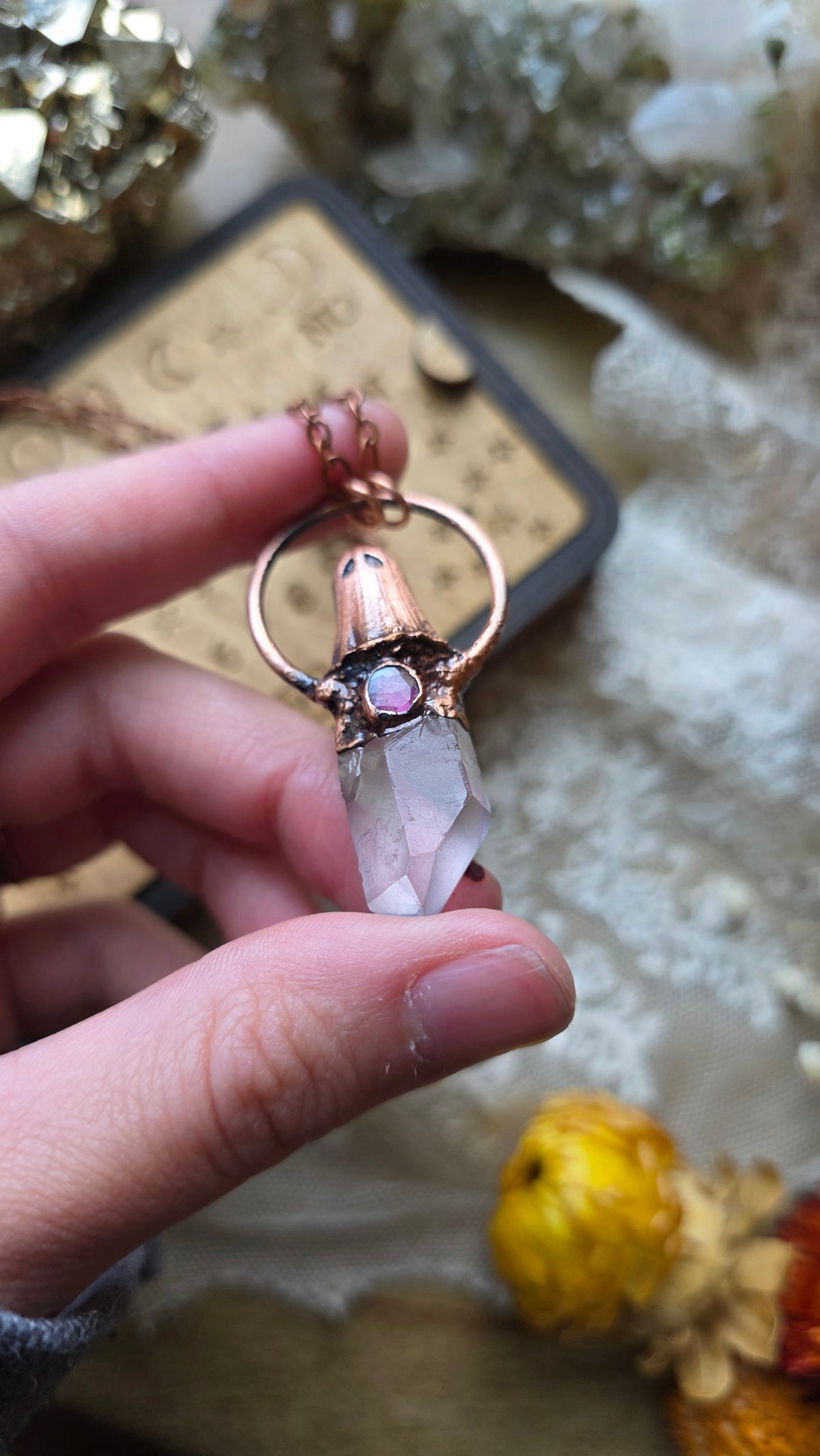 jdrewsilvers and xtwii collaboration: Quartz and Pink Tourmaline Copper Sheet Ghost Necklace