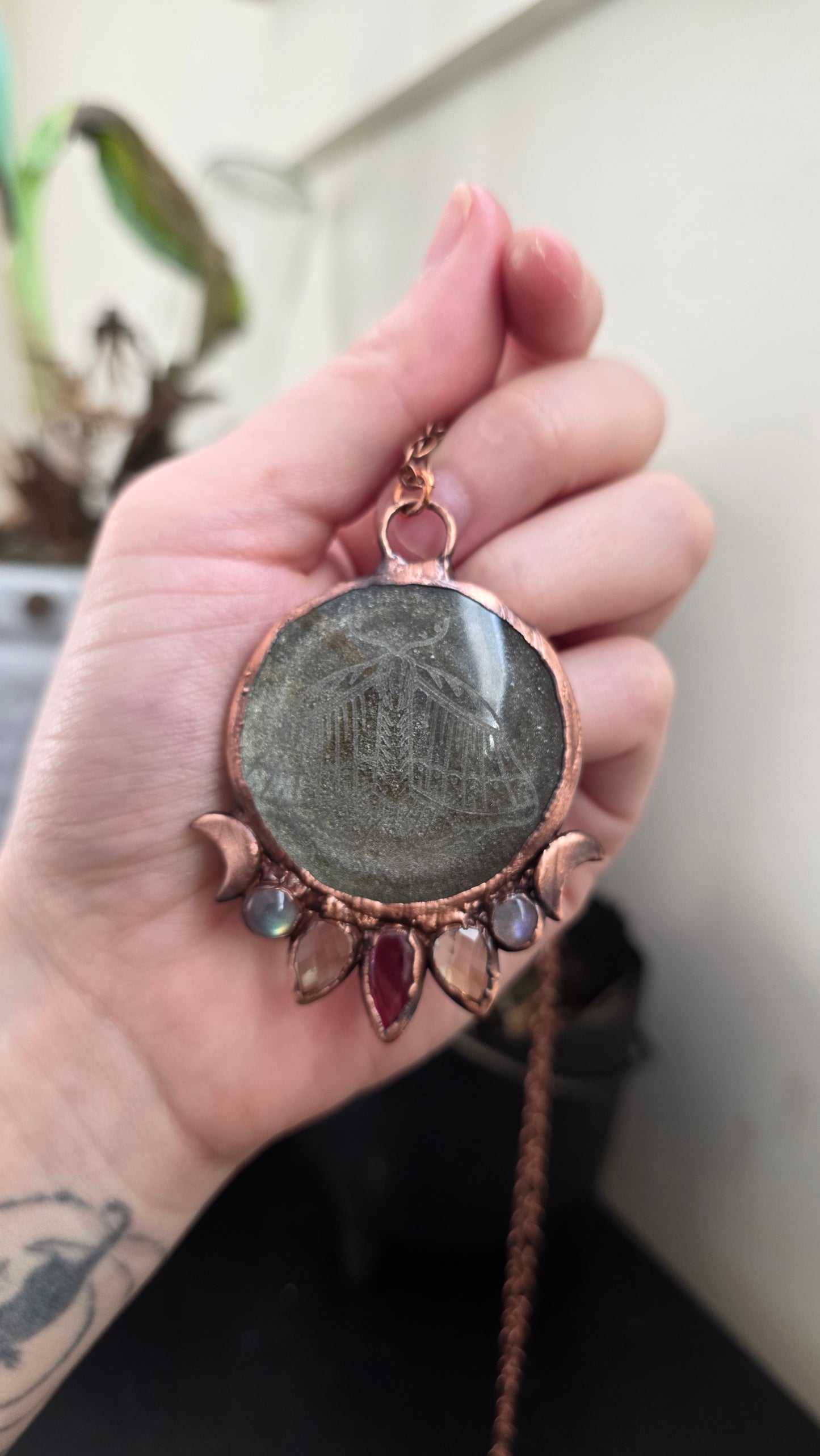 Gold sheen obsidian moth engraved copper pendant with garnet, citrine, and labradorite