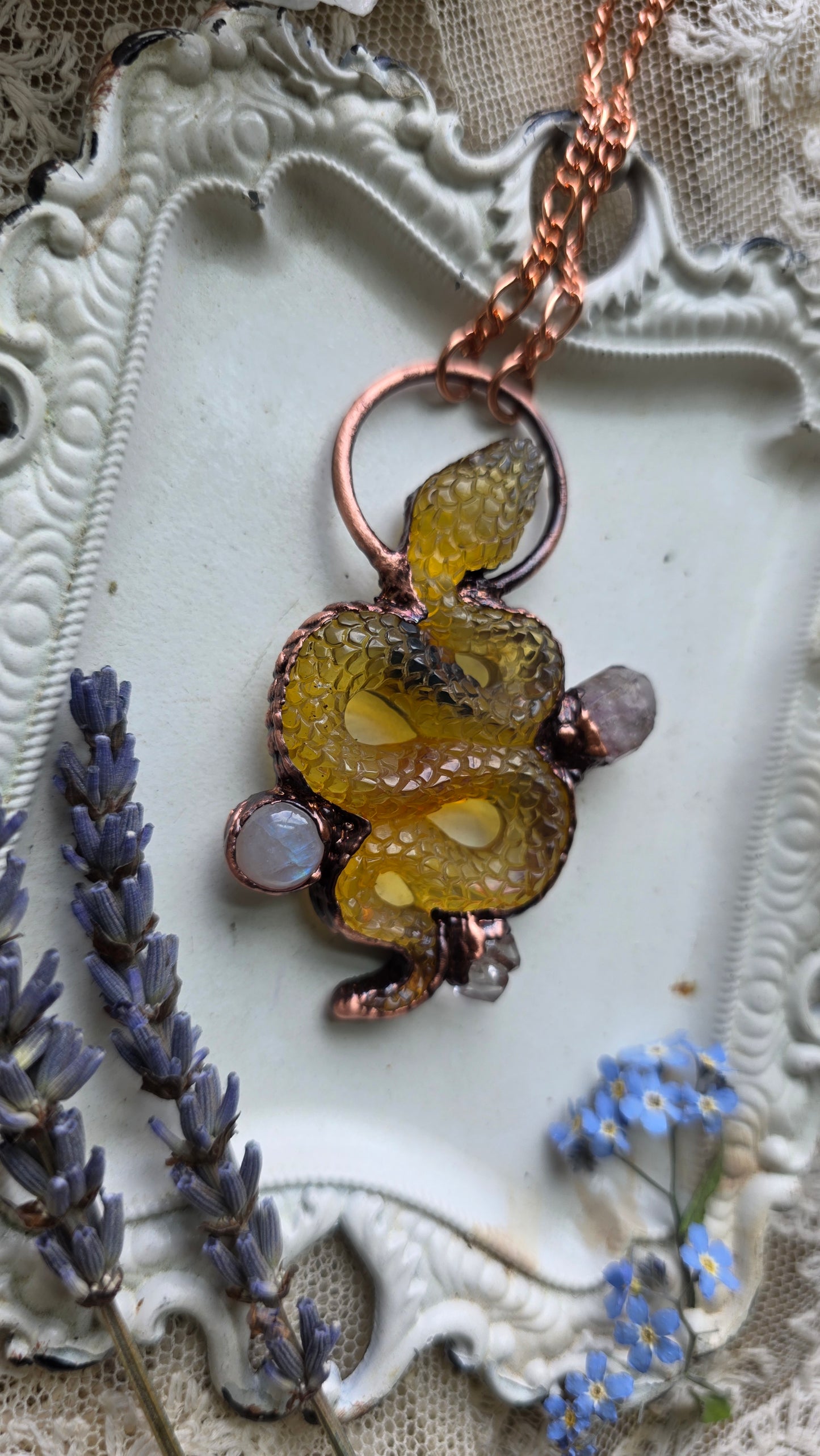The High Priestess: Chiapas Amber Snake with Moonstone, Amethyst and Herkimer Copper Necklace