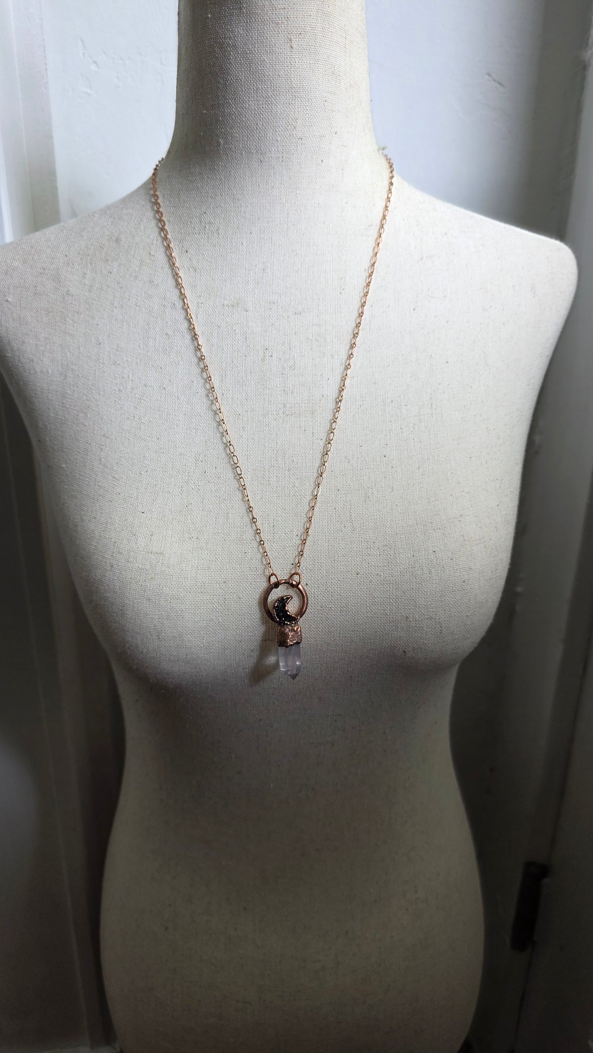 jdrewsilvers and xtwii collaboration: Quartz and Black Knight Aura Moon Copper Necklace