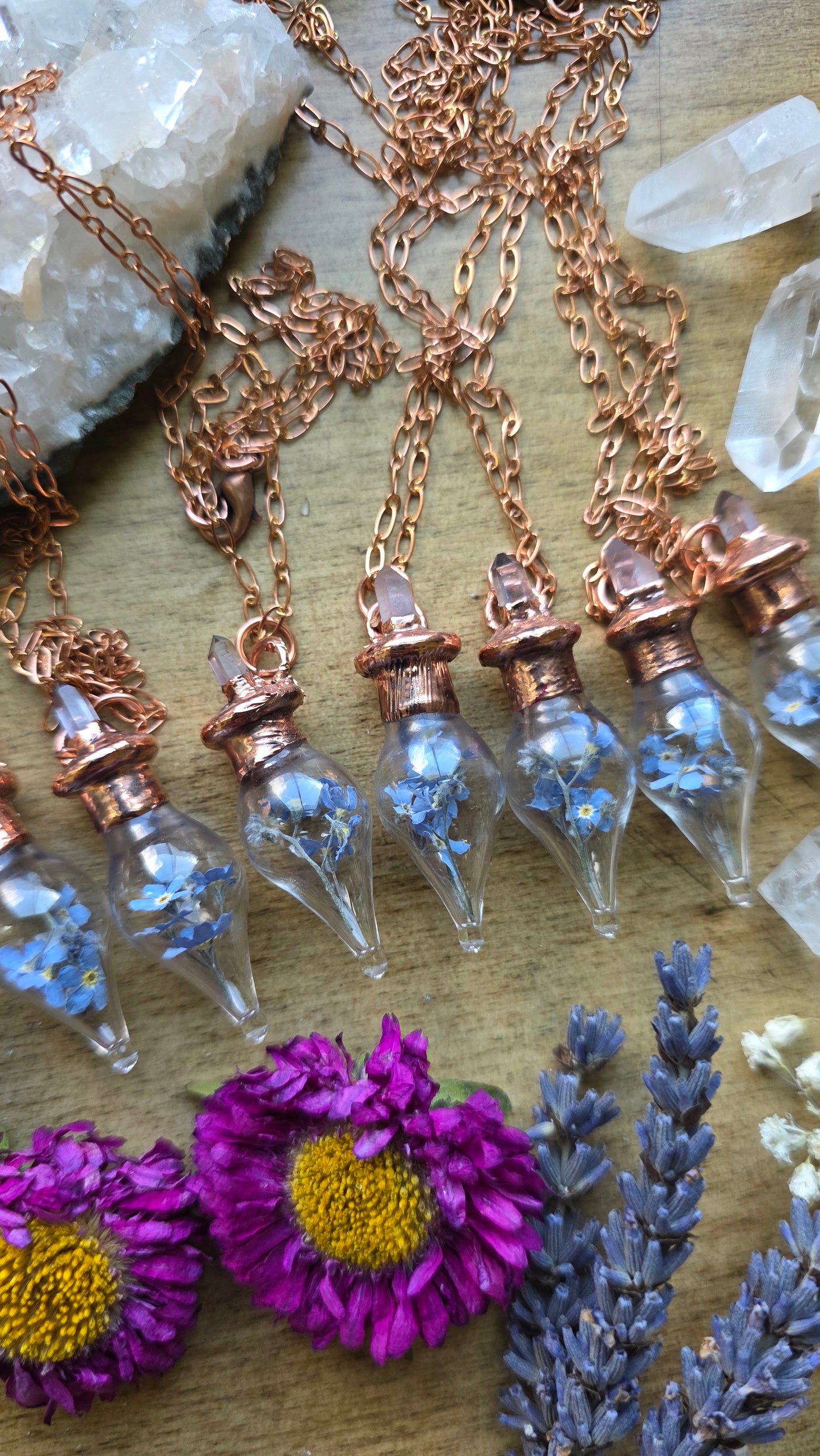 Forget-me-not copper glass vial pendant with quartz