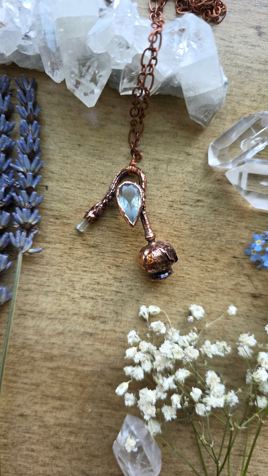 Copper Encased Poppy Pod with Aquamarine and Quartz